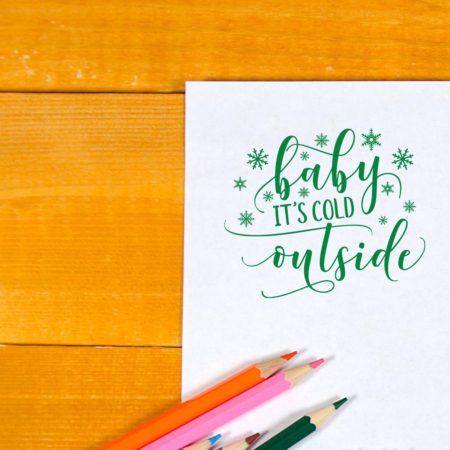 Baby its cold outside winter rubber stamp design with snowflakes, perfect for holiday cards, scrapbooking, and paper crafts.
