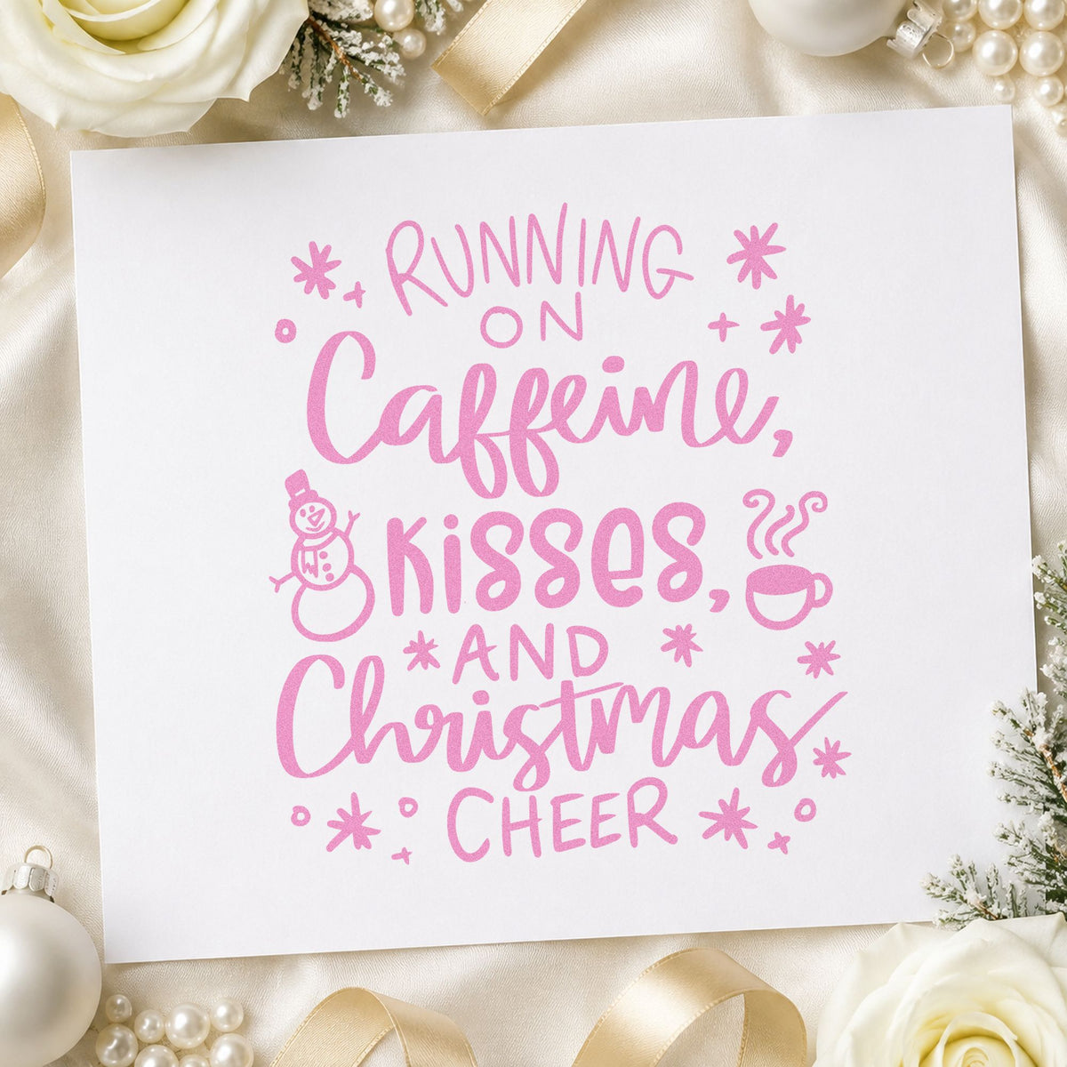 Caffeine Kisses Christmas Cheer craft stamp in purple ink on cardstock, an easy option for busy mom scrapbook.