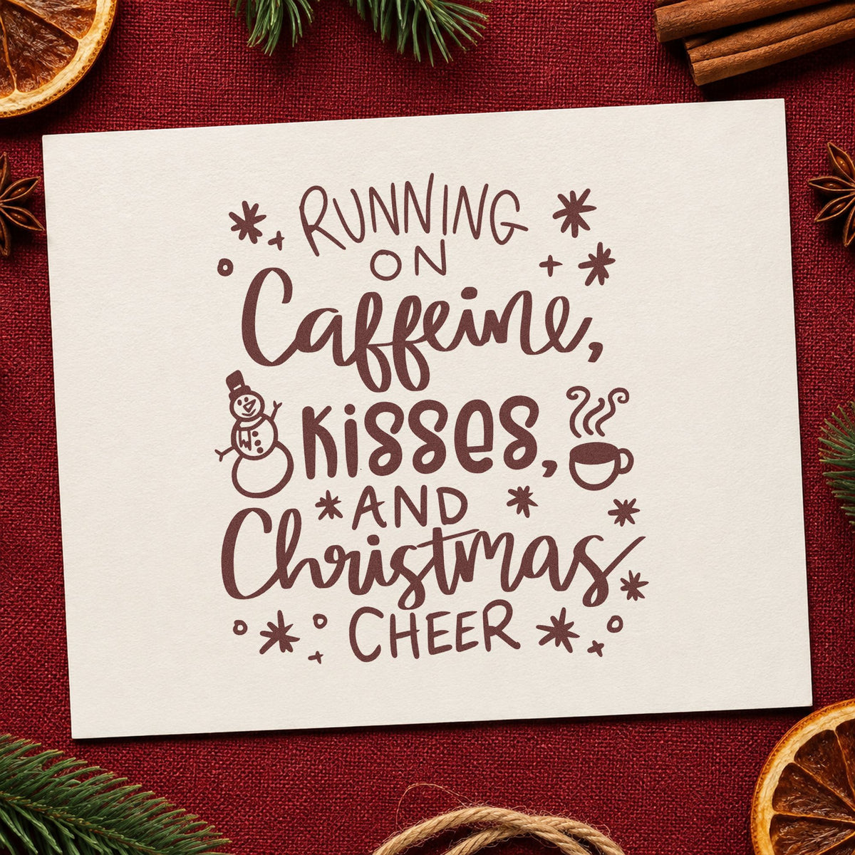 Caffeine Kisses Christmas Cheer rubber stamp printed in brown ink, ready for planner week header and similar paper crafts.