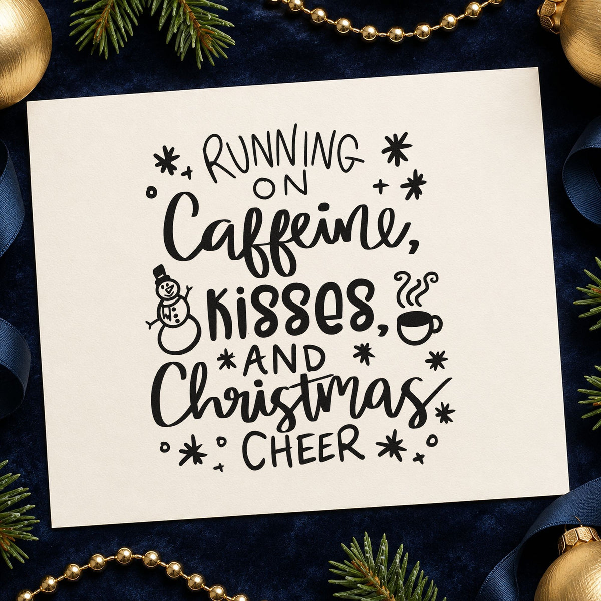 Caffeine Kisses Christmas Cheer rubber stamp printed in black ink, ready for snowman mug cards and similar paper crafts.