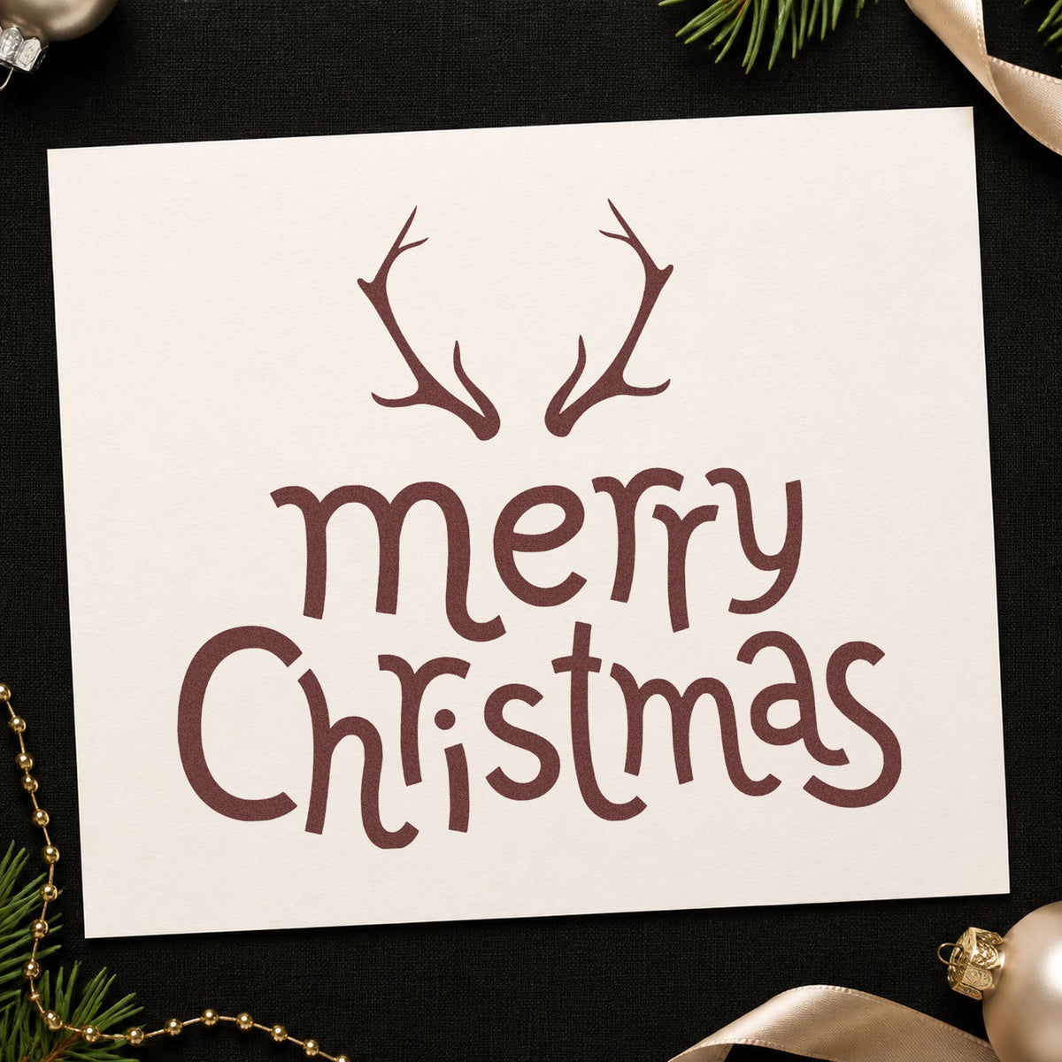 Merry Christmas Antlers rubber stamp printed in brown ink, ready for nature walk journal and similar paper crafts.