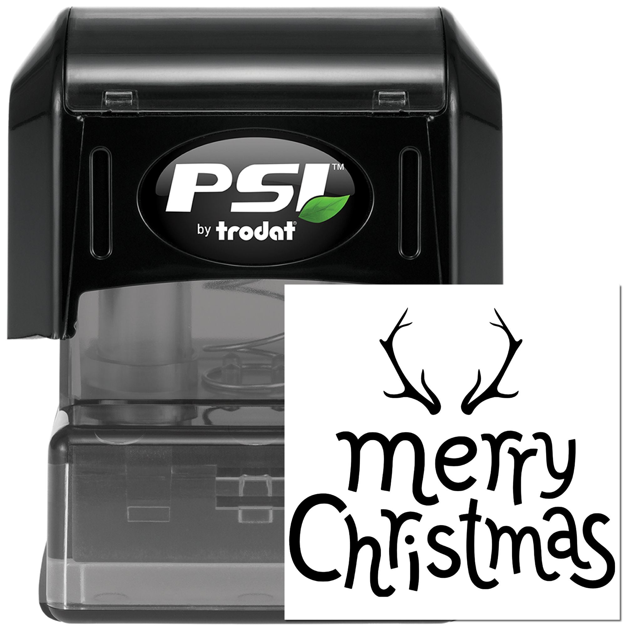 PSI by Trodat self-inking rubber stamp with custom Merry Christmas antler design for holiday cards and gift packaging.