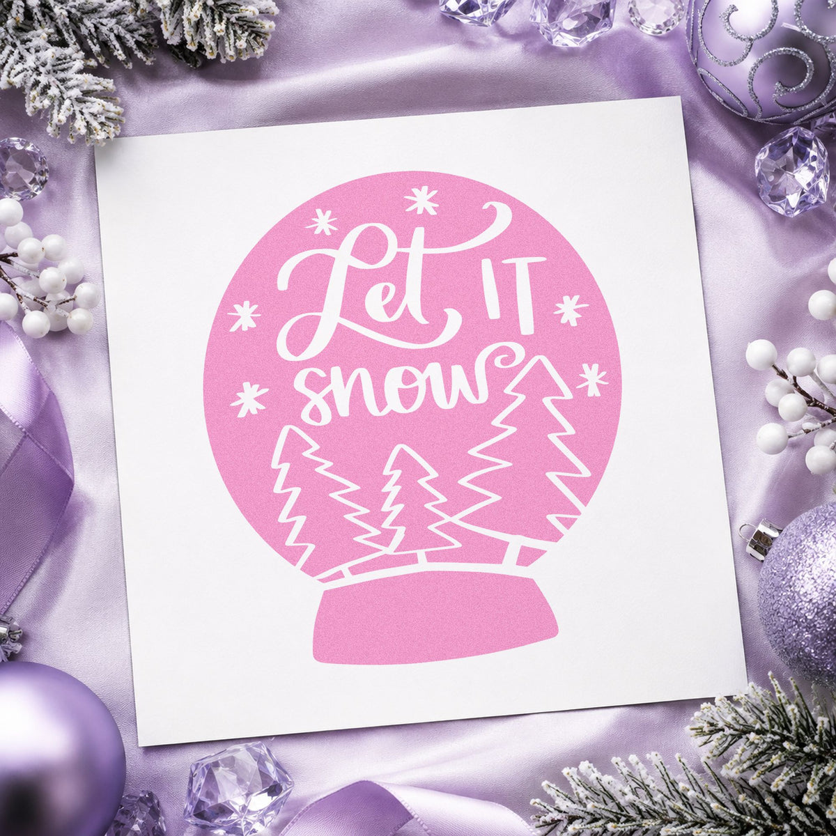 Let It Snow Snow Globe craft stamp in purple ink on cardstock, an easy option for ski trip album page.