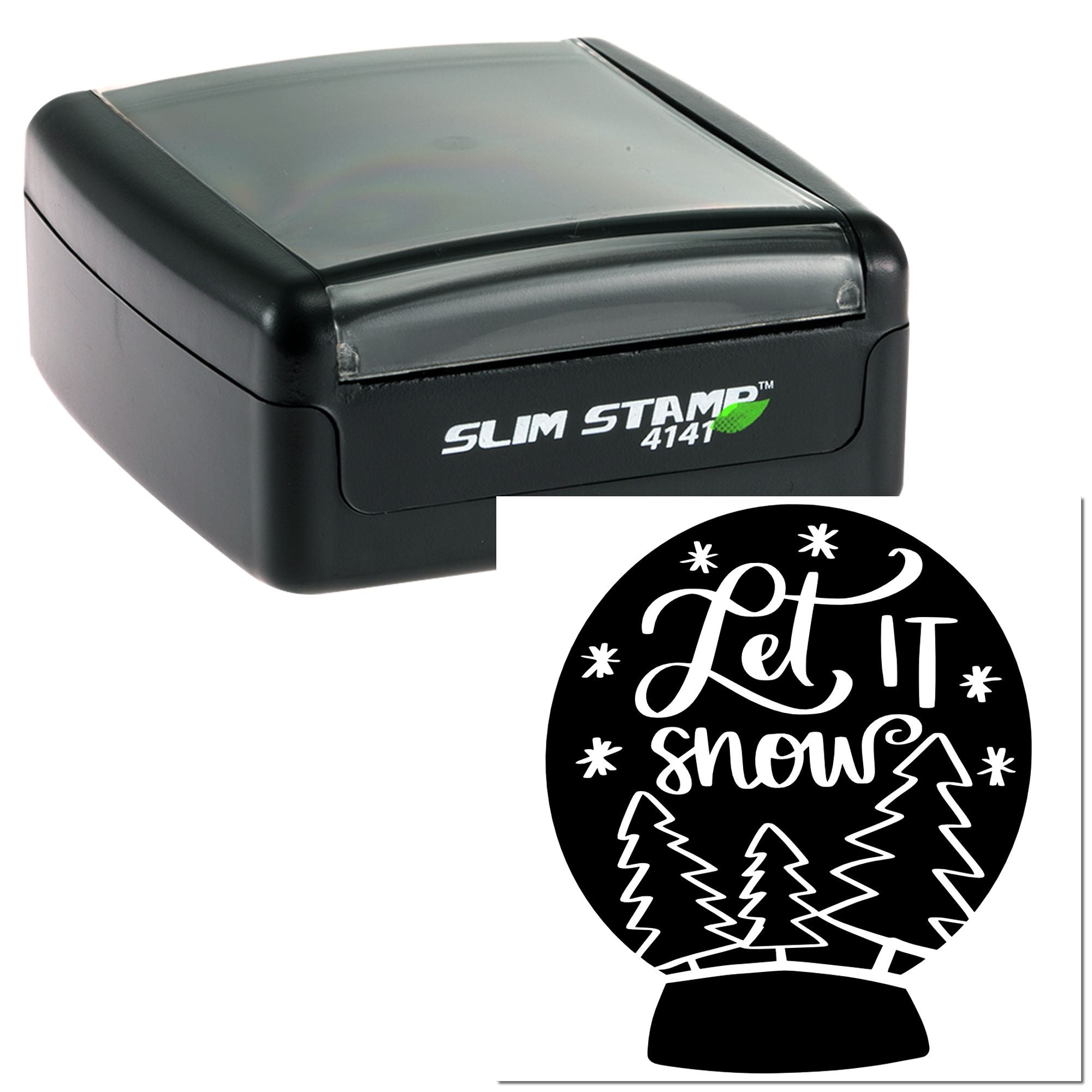 Slim self-inking rubber stamp with custom Let It Snow winter design for personalized holiday crafts and packaging.