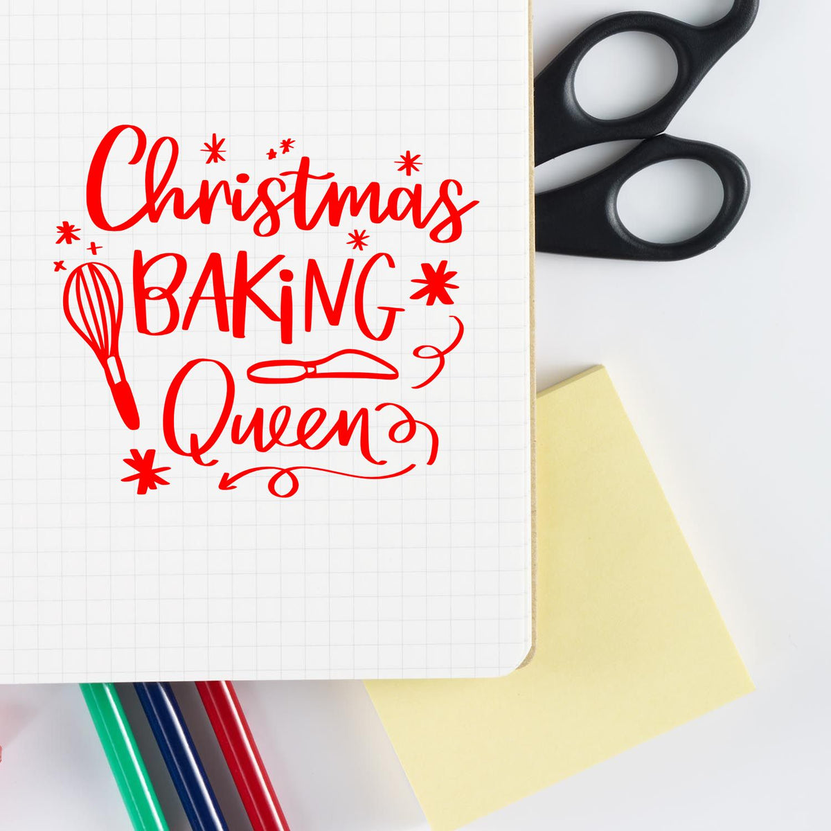 Christmas Baking Queen rubber stamp design with whisk and rolling pin, perfect for holiday baking crafts and card making.