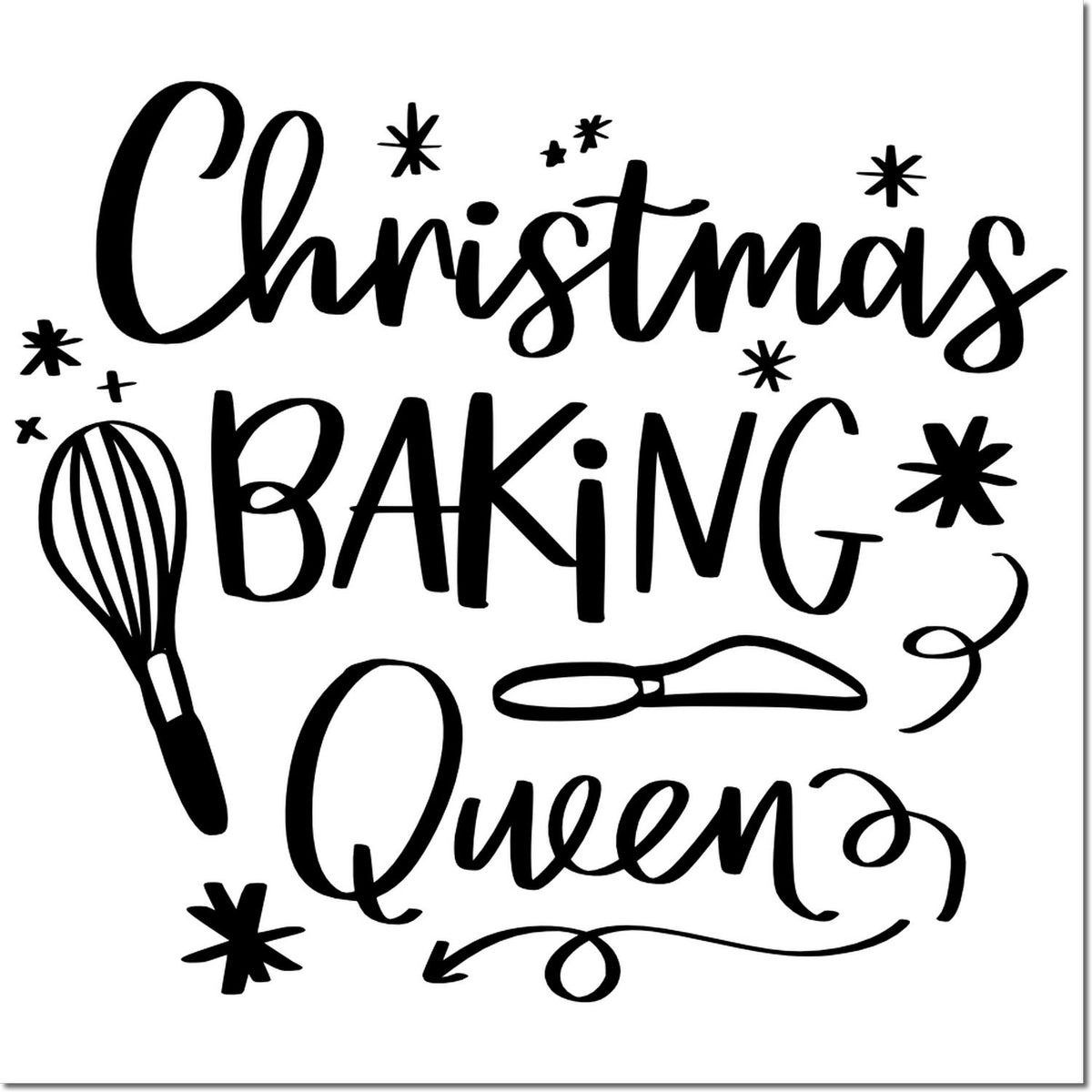 Christmas Baking Queen rubber stamp design with whisk, rolling pin and festive stars for holiday kitchen crafts.