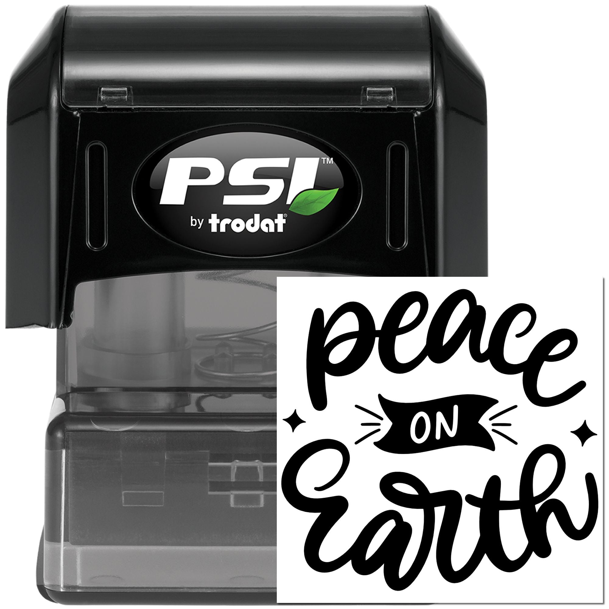 PSI by Trodat self-inking rubber stamp with custom Peace on Earth design for holiday stationery and packaging