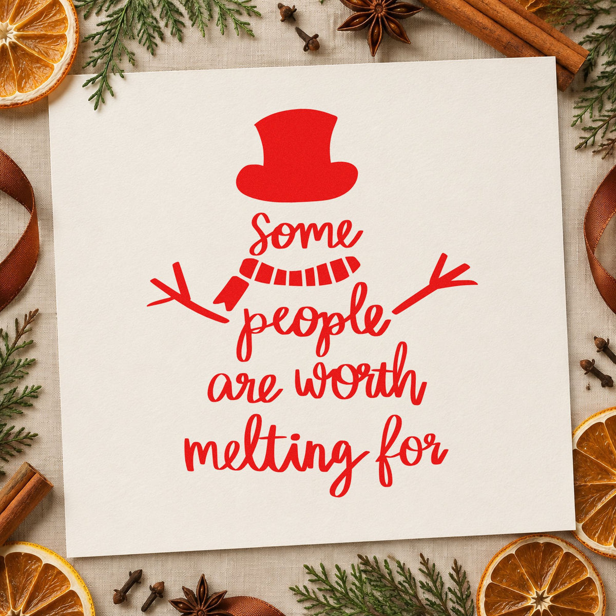 Worth Melting For Snowman craft stamp in red ink on cardstock, an easy option for scarf corner print.