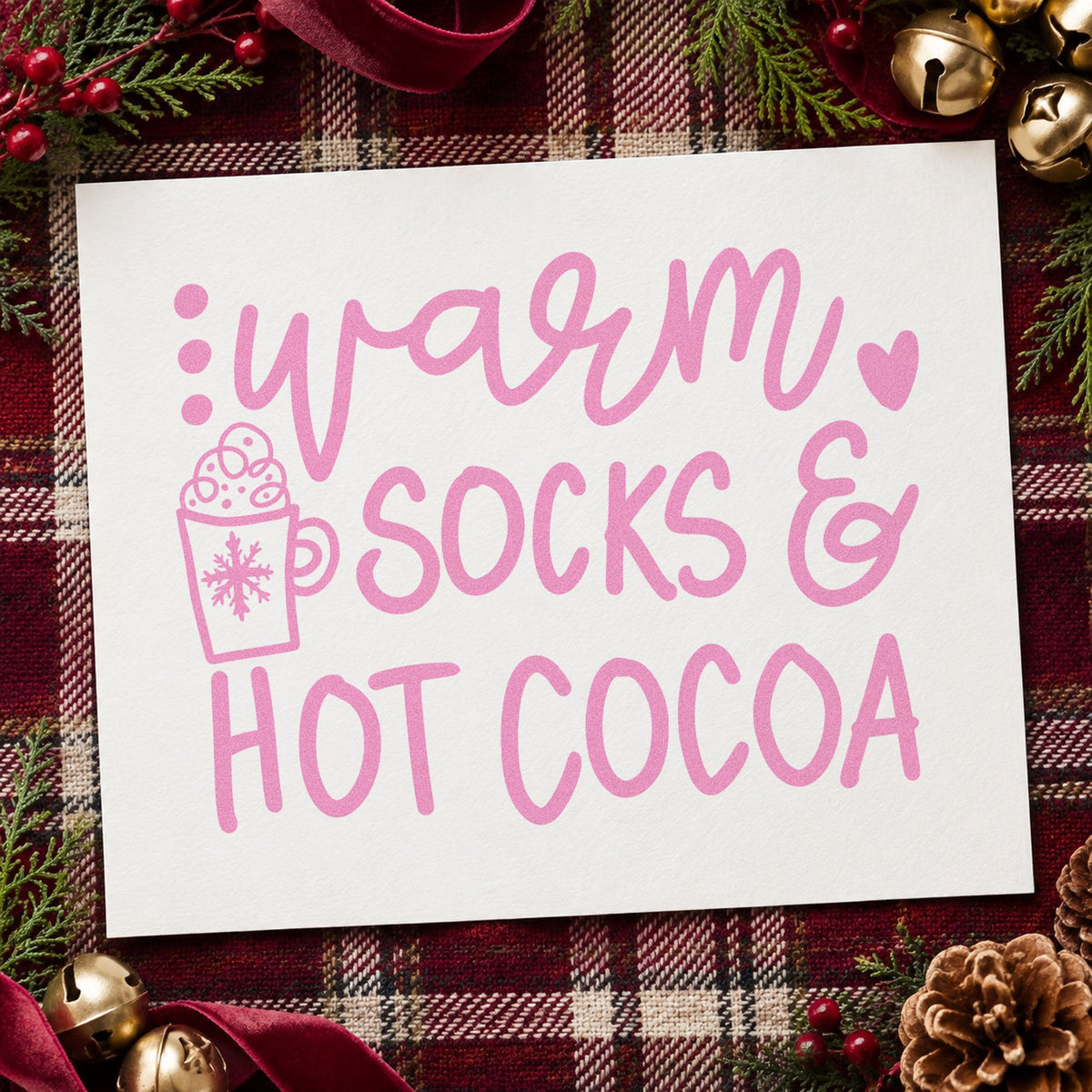 Warm Socks And Hot Cocoa craft stamp in purple ink on cardstock, an easy option for winter nights album.