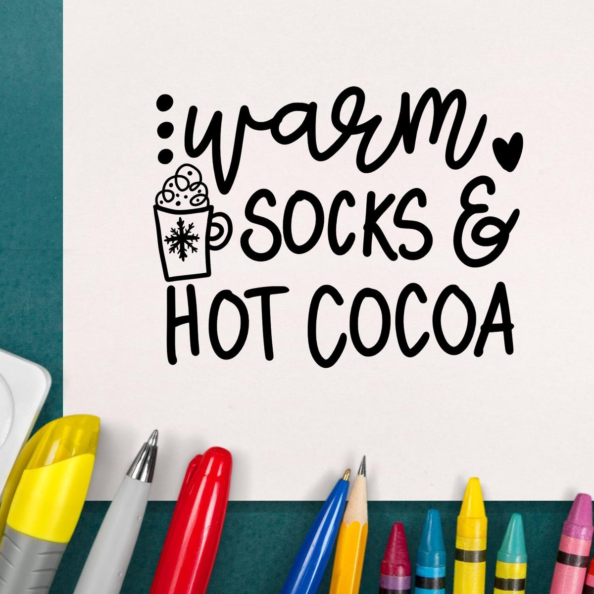 Winter sentiment rubber stamp with warm socks & hot cocoa text and mug icon for handmade cards, gifts, and cozy crafts.