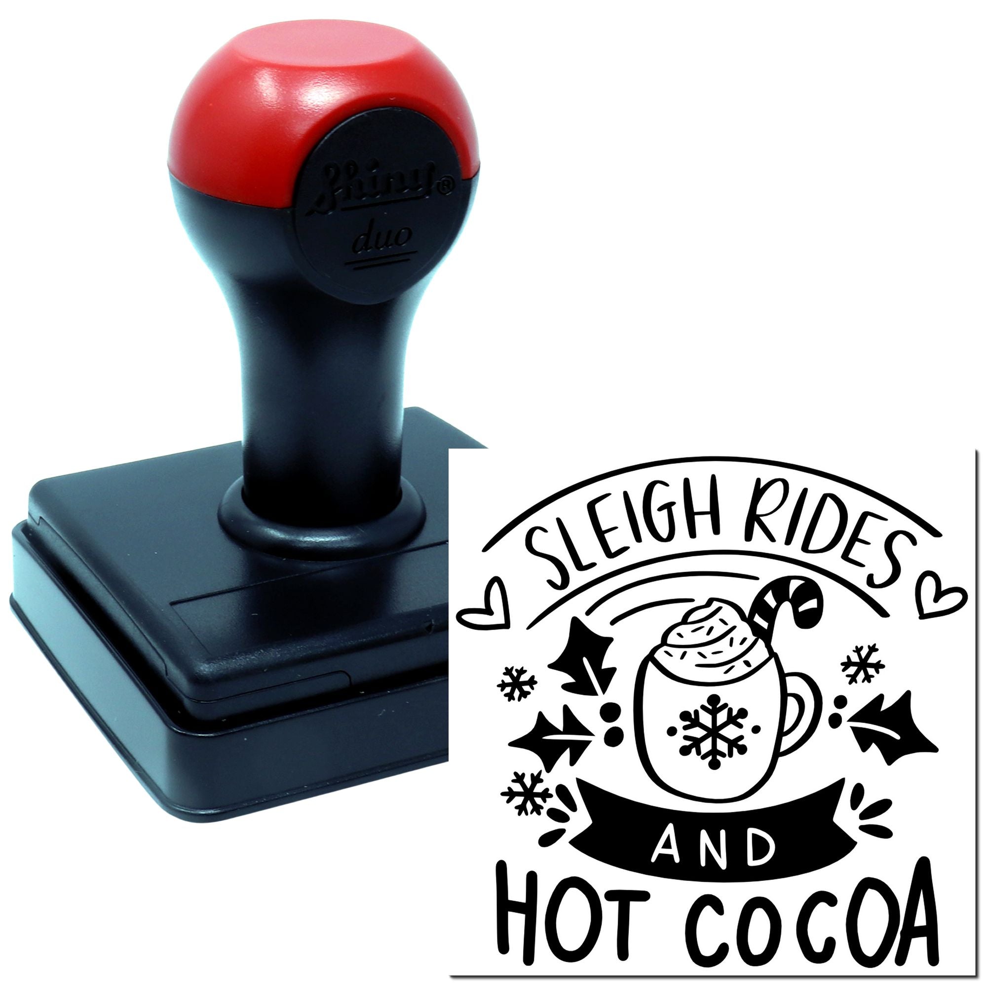 Self-inking rubber stamp with custom Sleigh Rides and Hot Cocoa holiday design for cards, crafts, and gift packaging.
