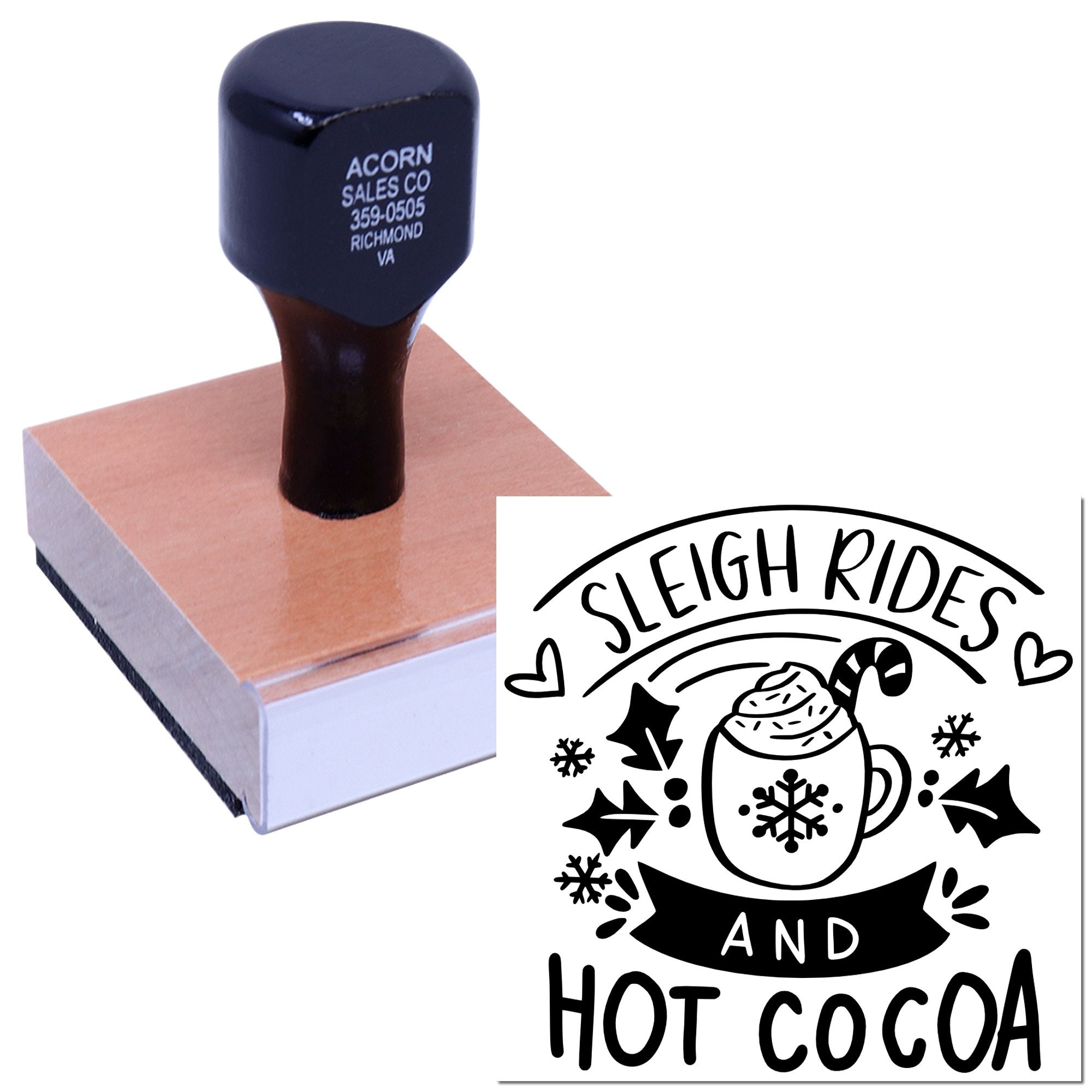 Custom rubber stamp with winter holiday design reading Sleigh Rides and Hot Cocoa for festive crafts and packaging.
