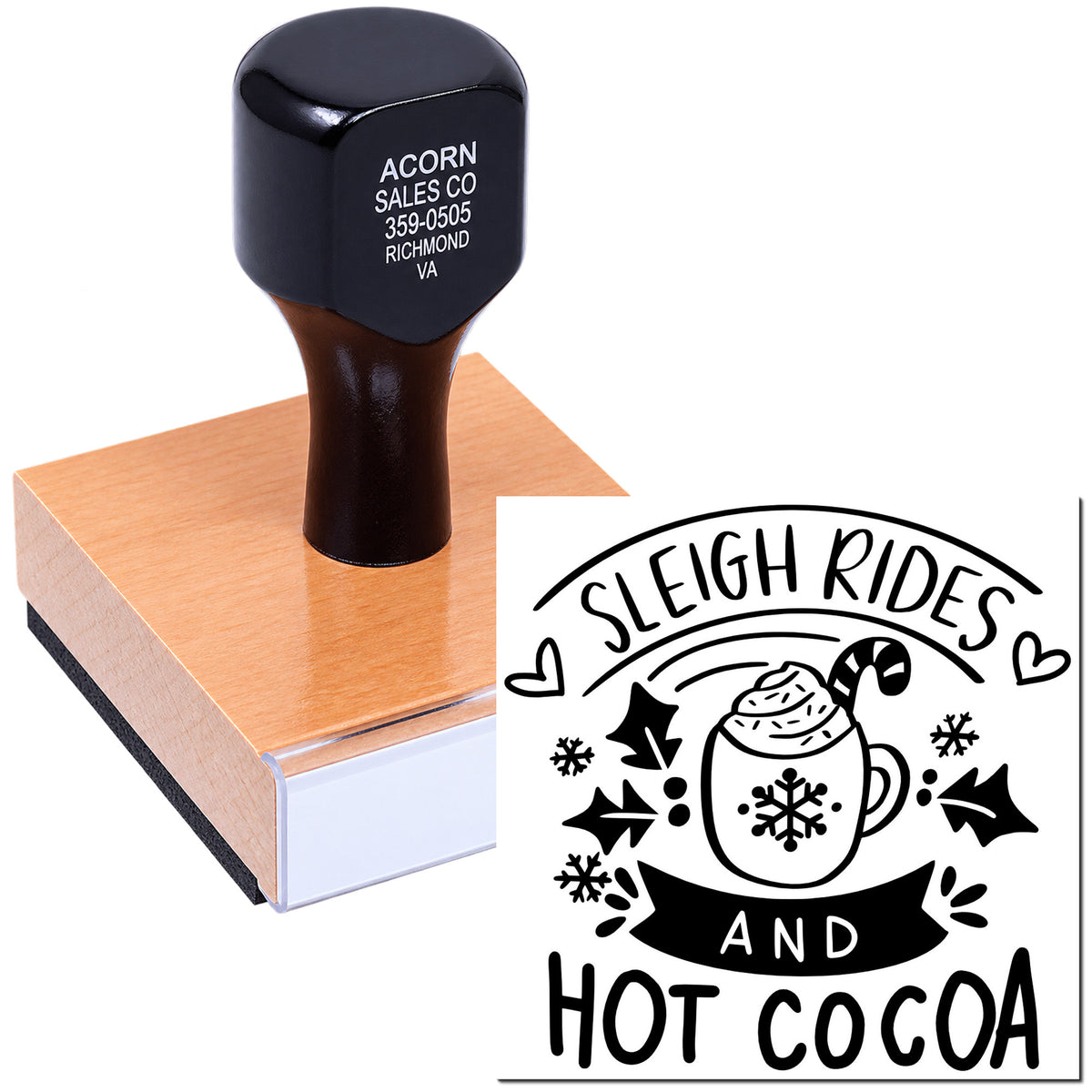 Custom rubber stamp with winter holiday design reading Sleigh Rides and Hot Cocoa for festive crafts and packaging.