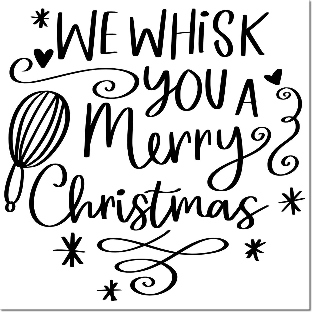 Holiday rubber stamp design reading We whisk you a Merry Christmas with whisk illustration, stars, and swirls.