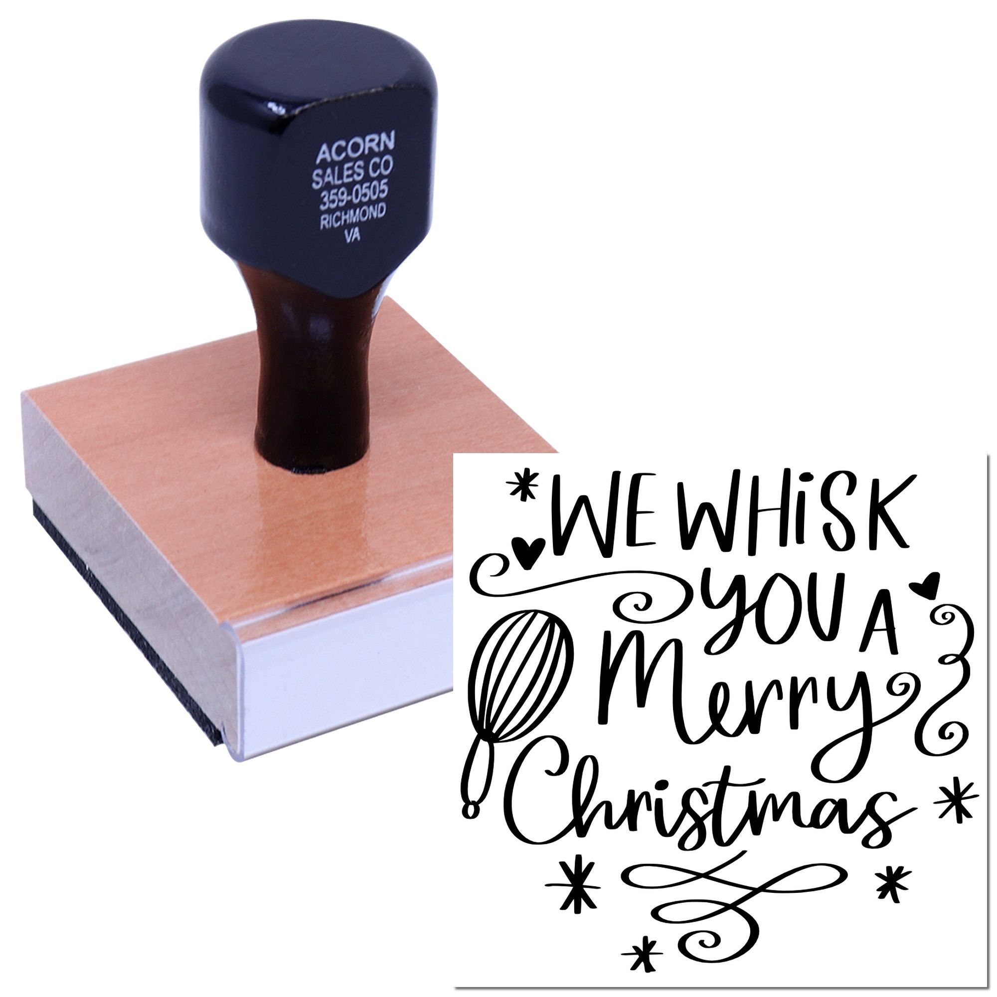 Custom rubber stamp with We Whisk You a Merry Christmas holiday greeting design and stamped impression.