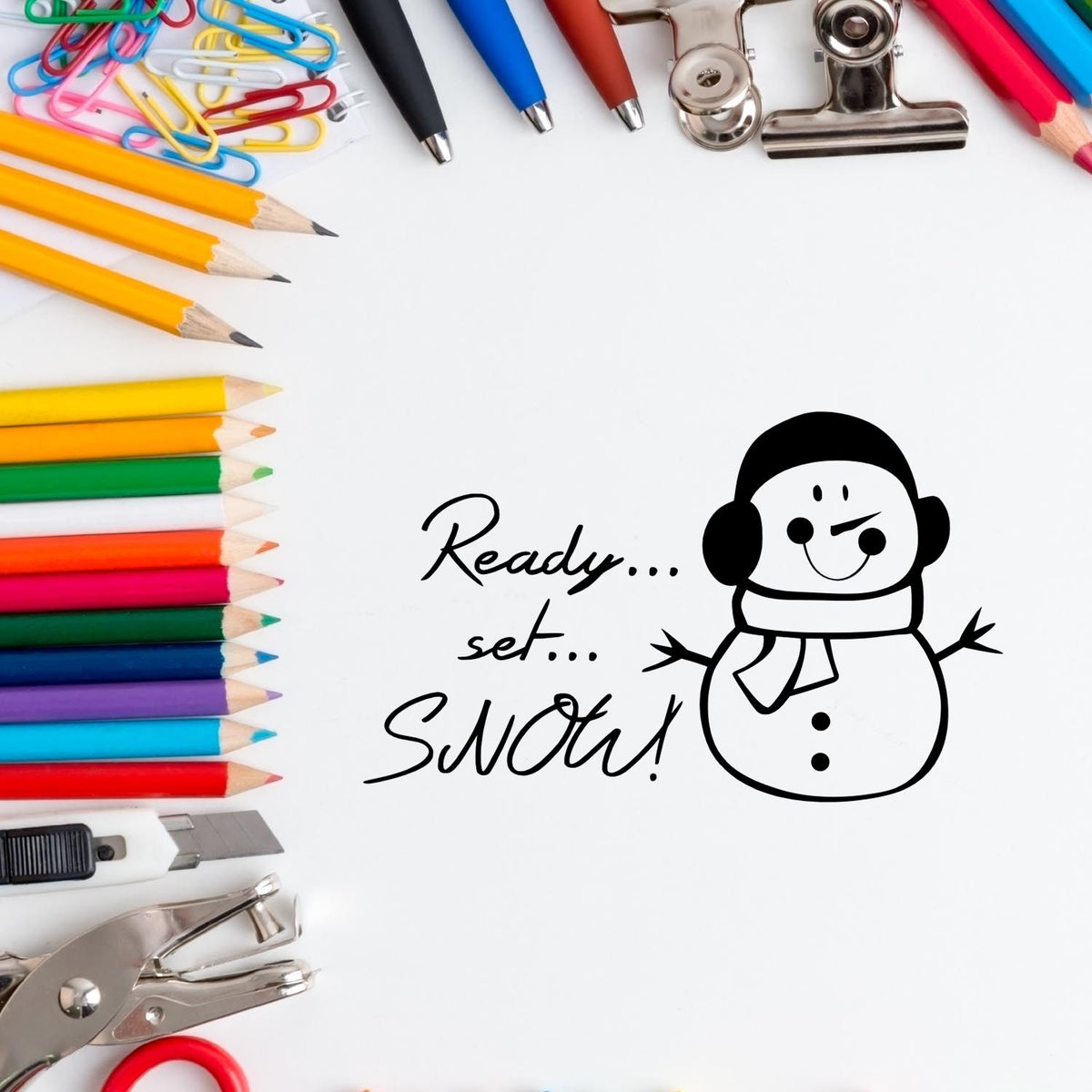 Holiday rubber stamp design with snowman and Ready... set... Snow! text for Christmas crafting and card making.