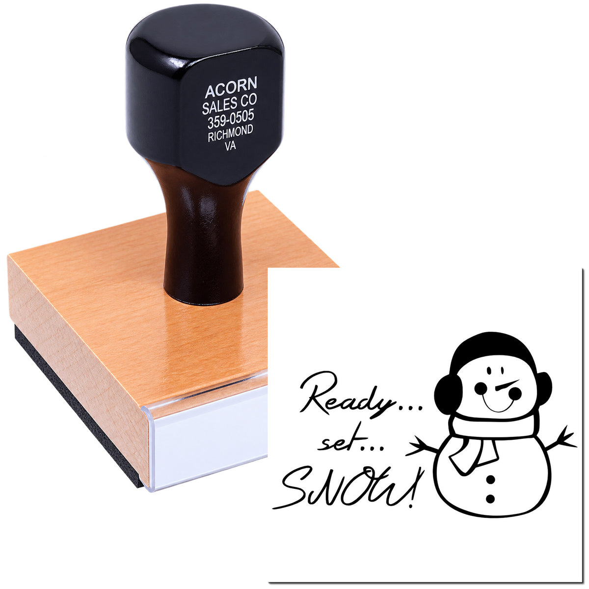 Custom self-inking rubber stamp with business address and holiday snowman Ready, set, snow! design.