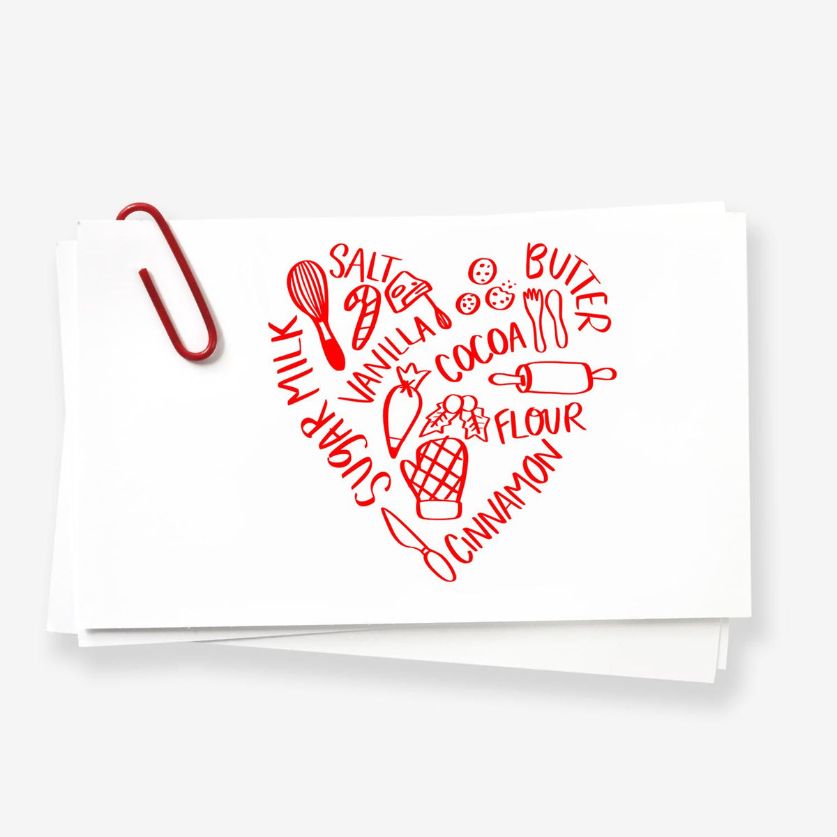 Baking Ingredients Heart rubber stamp shown in red ink, stamped for projects such as pantry inventory page.