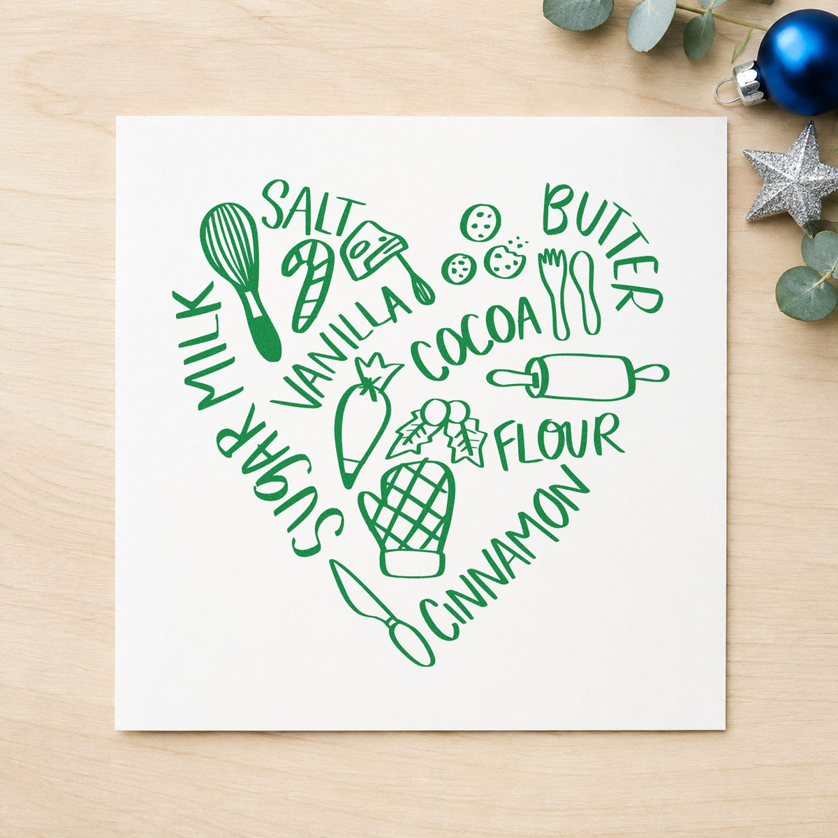 Baking Ingredients Heart craft stamp imprinted in green ink on paper, a design suited to framed spice shelf.
