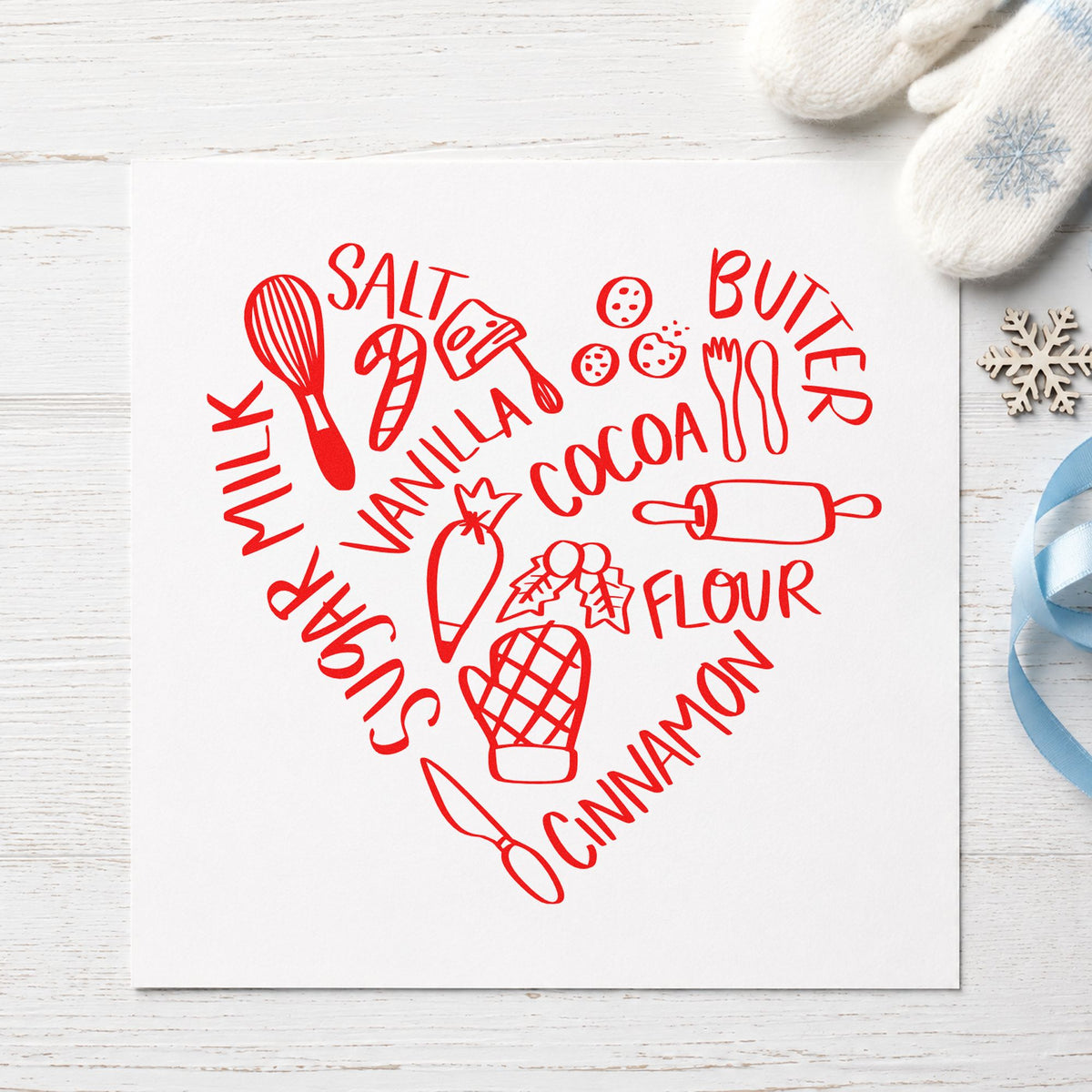 Baking Ingredients Heart rubber stamp shown in red ink, stamped for projects such as canister lid labels.