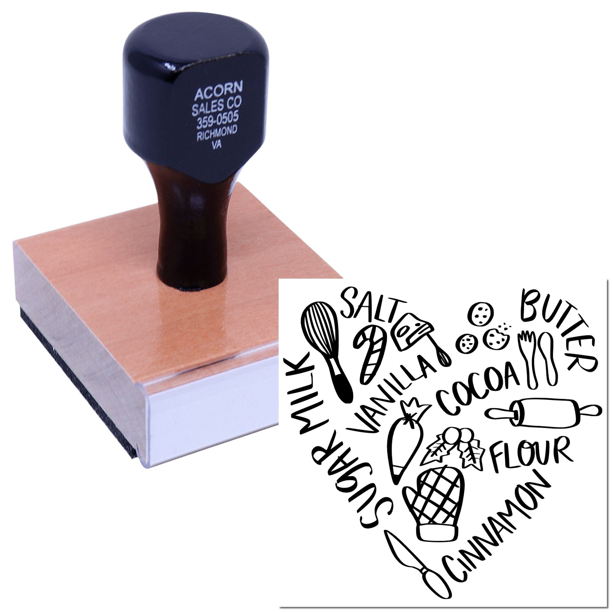 Custom baking rubber stamp with ingredient words and kitchen icons for recipe labels, gift tags, and food packaging.