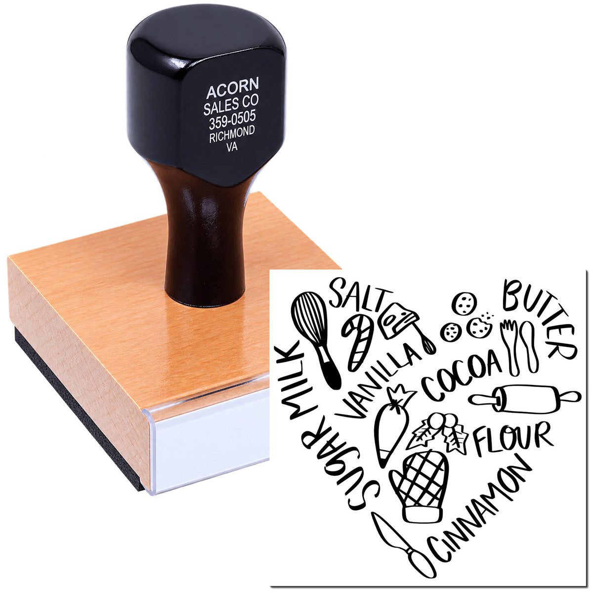 Custom baking rubber stamp with ingredient words and kitchen icons for recipe labels, gift tags, and food packaging.