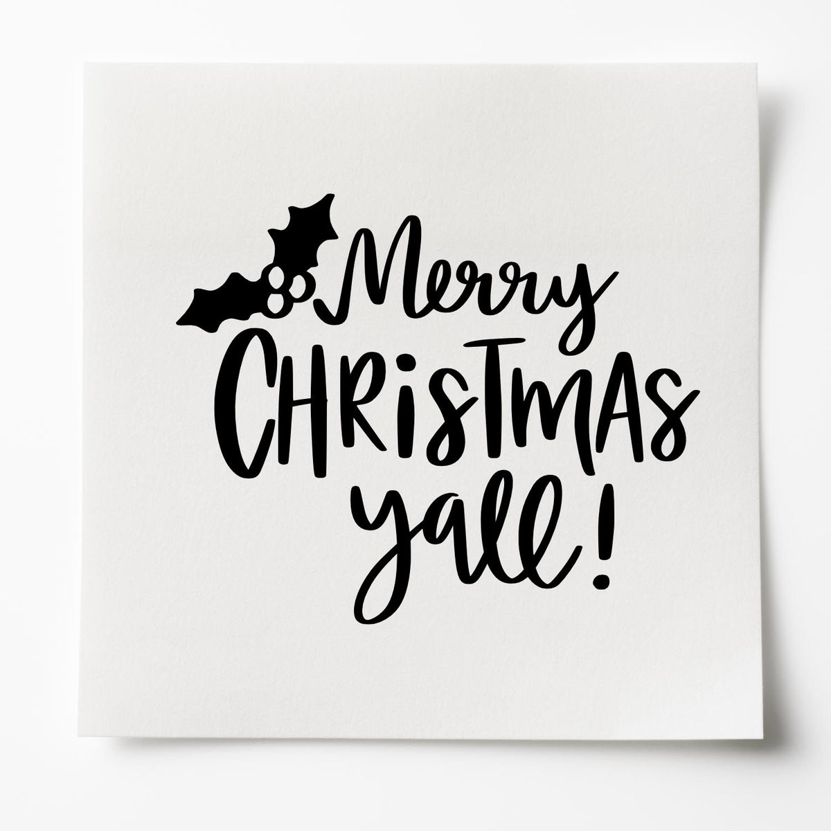 Merry Christmas yall rubber stamp with holly, ideal for holiday cards, crafts, and festive packaging.