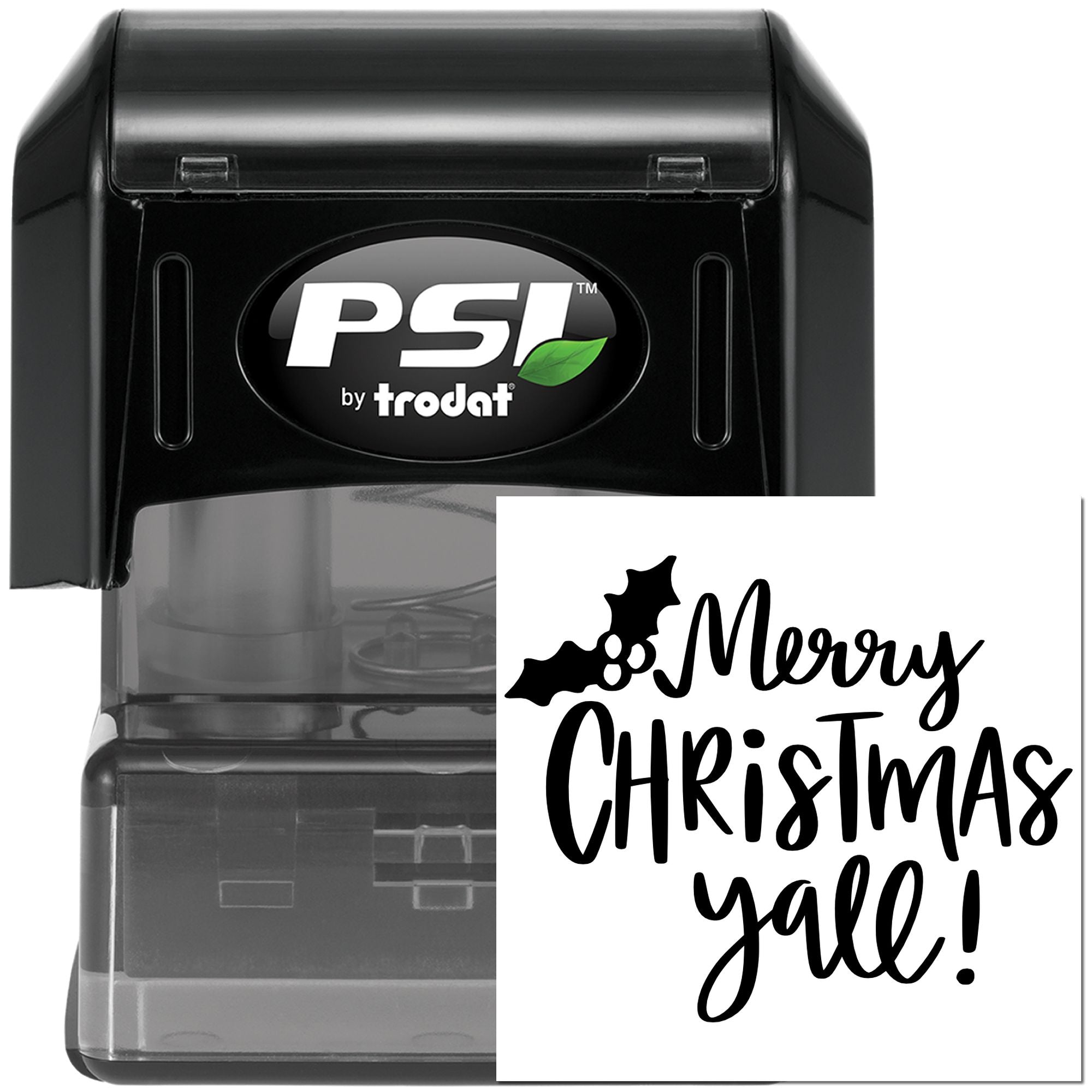 Custom self-inking rubber stamp with Merry Christmas yall design for holiday cards and festive gift packaging.