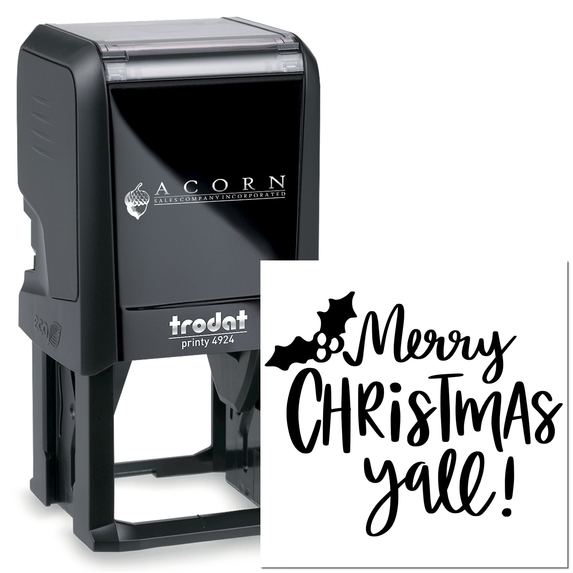 Custom self-inking rubber stamp with Merry Christmas yall design and holly, ideal for holiday cards and packaging.