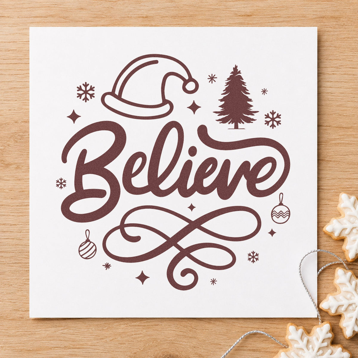 Believe Christmas Hat Tree Snowflakes Pre-Inked Stamp – Slim in use 4