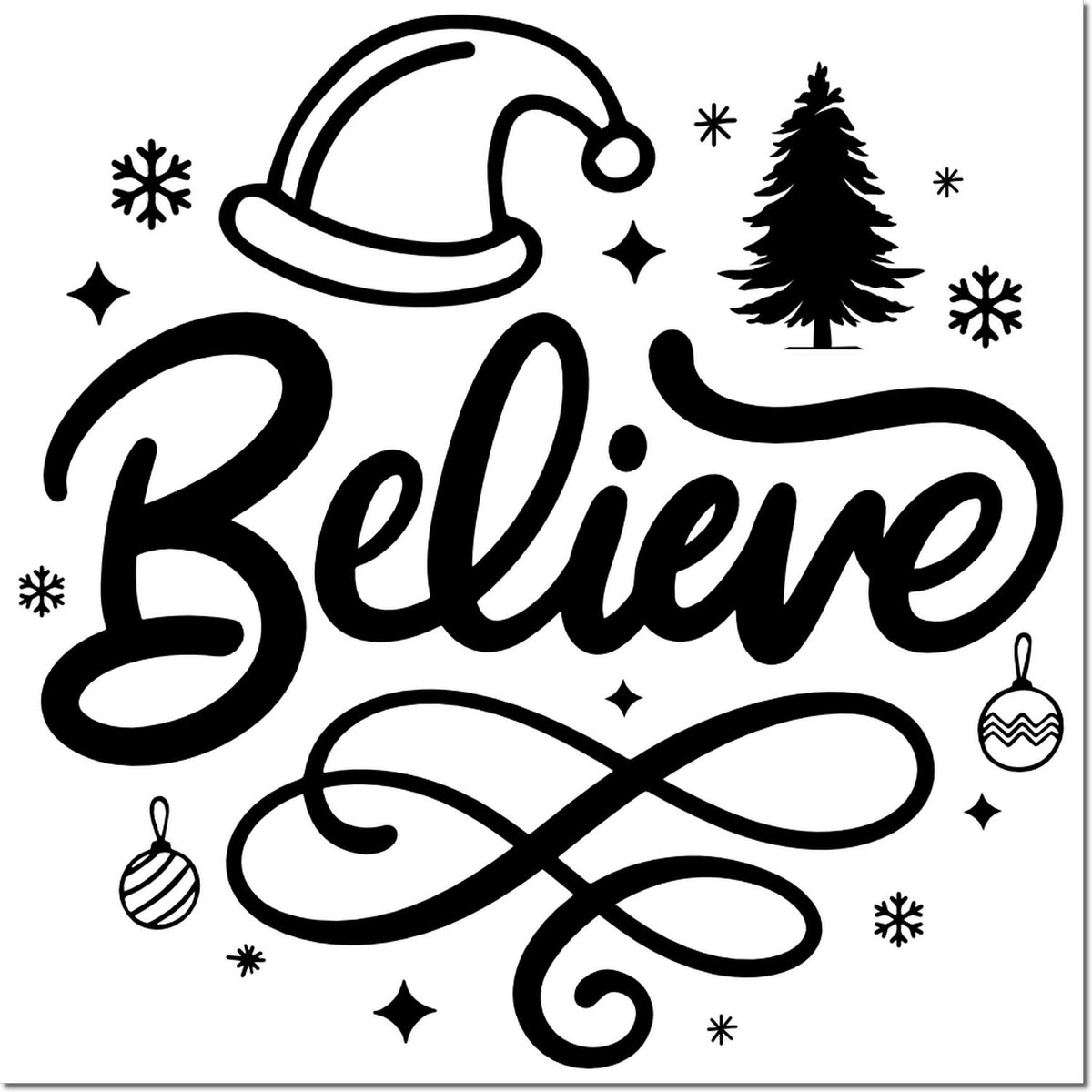 Christmas rubber stamp design with Believe lettering, Santa hat, pine tree, snowflakes, and ornaments for holiday crafting.