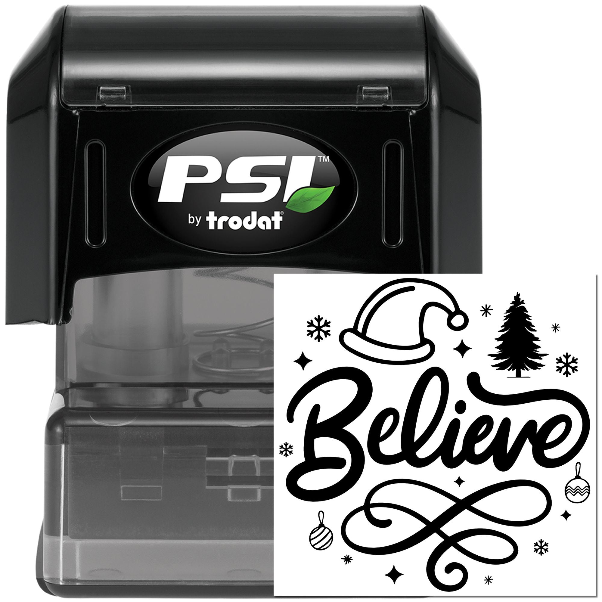 PSI by Trodat self-inking rubber stamp with Believe Christmas design for holiday cards and festive crafts