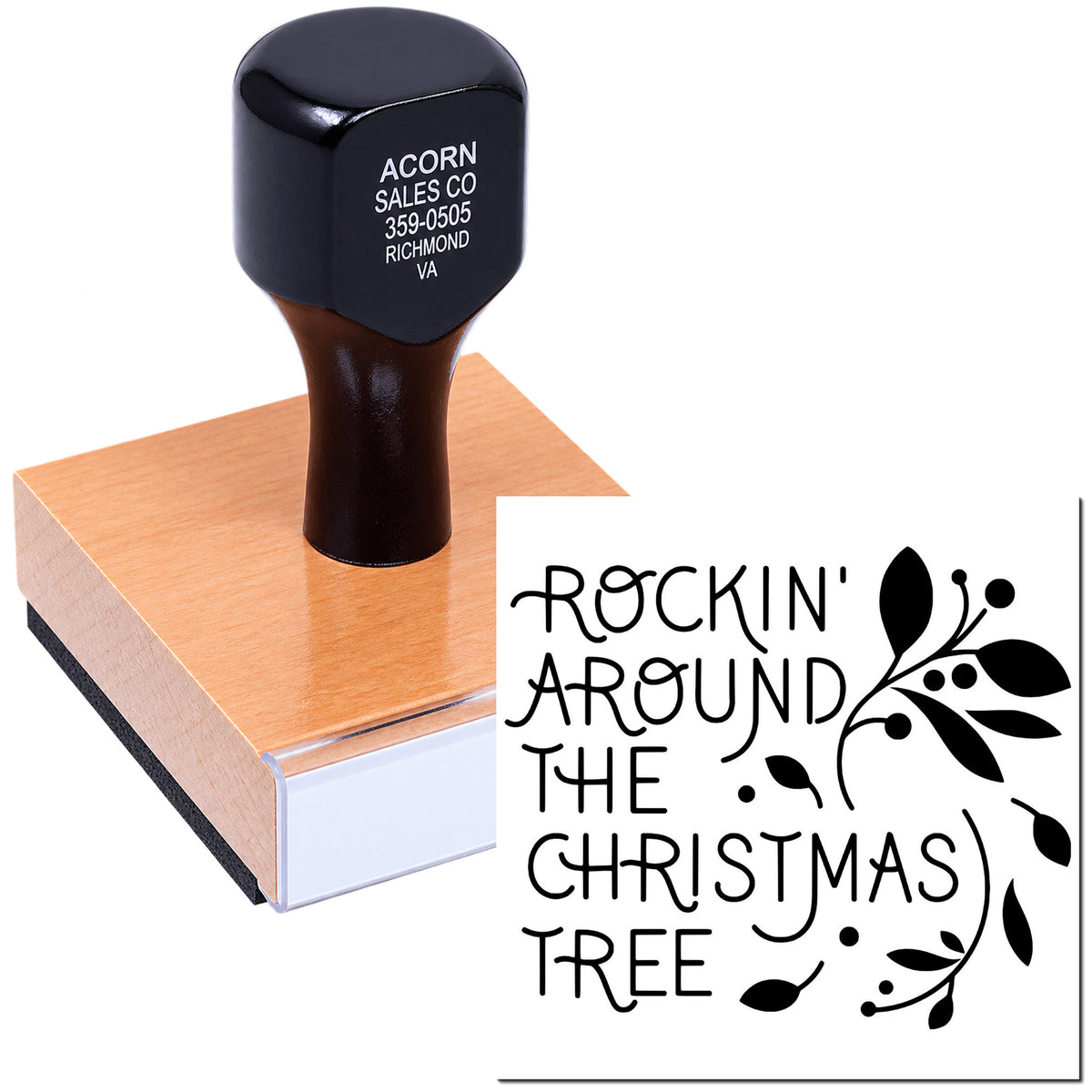 Christmas rubber stamp design reading Rockin Around the Christmas Tree for holiday cards, crafts, and seasonal paper projects