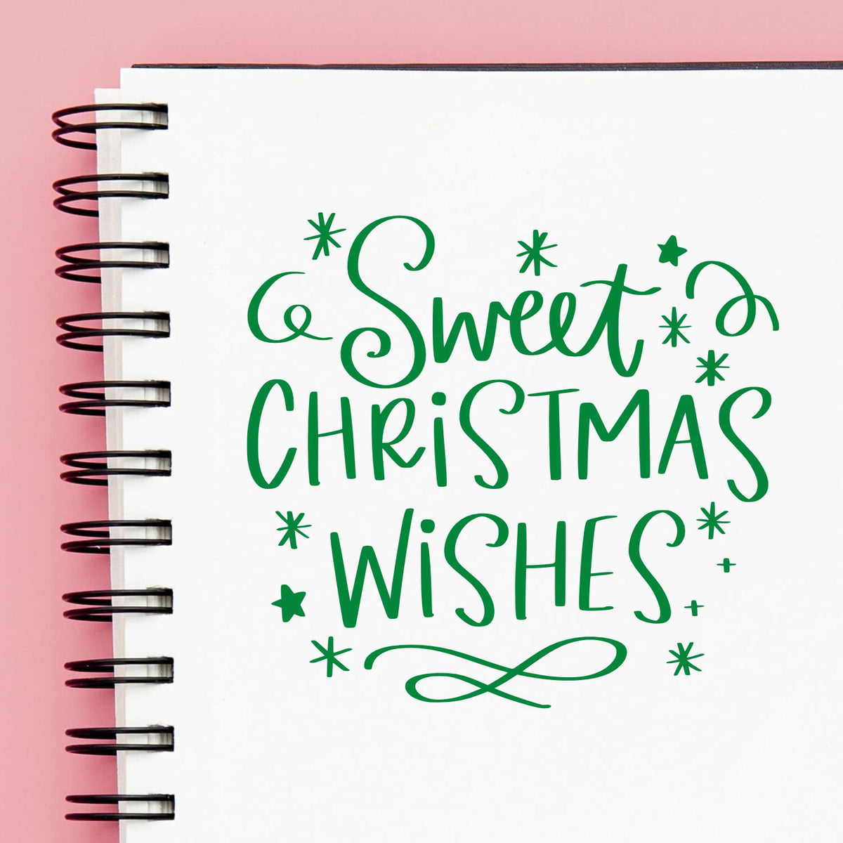 Sweet Christmas Wishes rubber stamp design in green script for holiday cards, gift tags, and festive crafts.