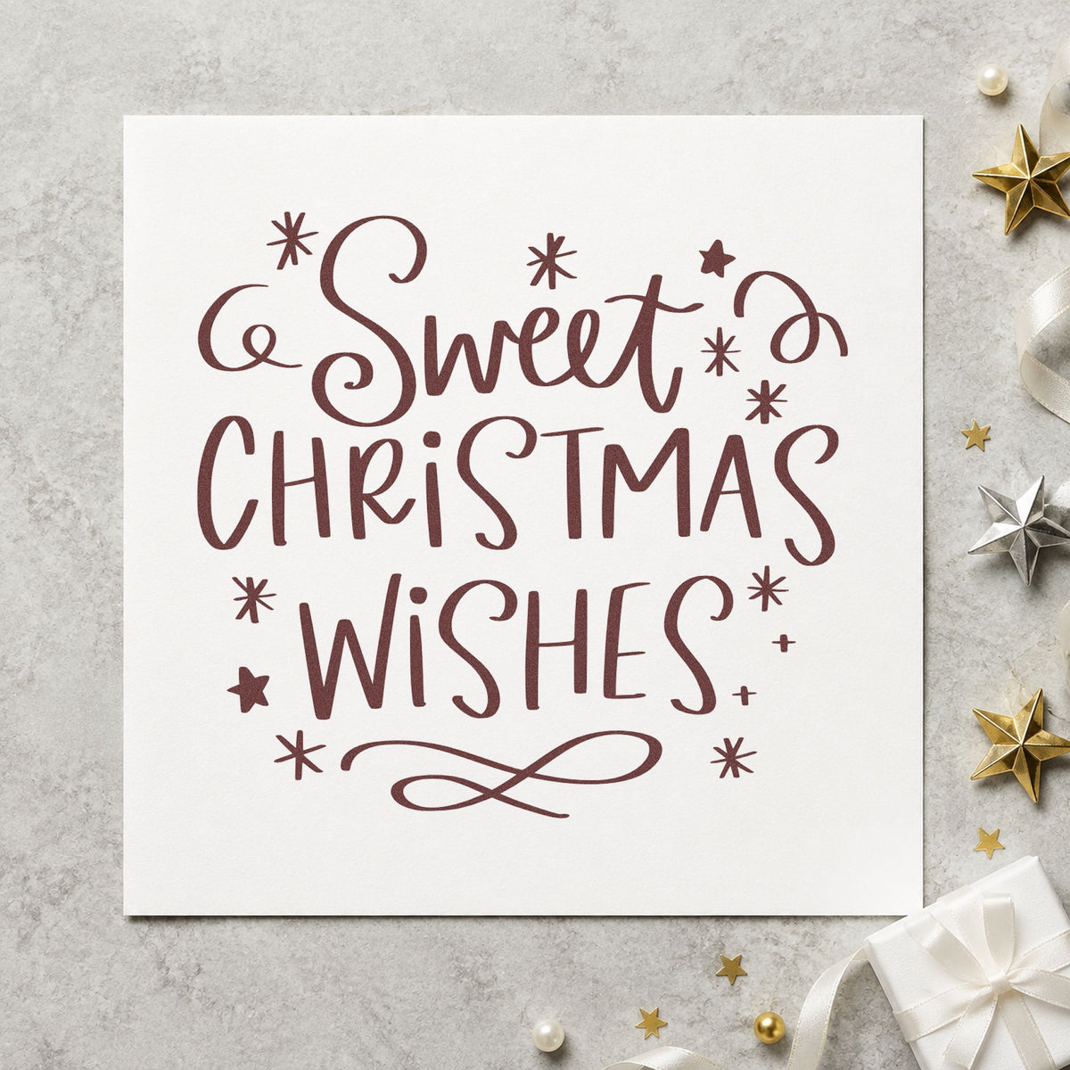 Sweet Christmas Wishes rubber stamp printed in brown ink, ready for ballet recital insert and similar paper crafts.