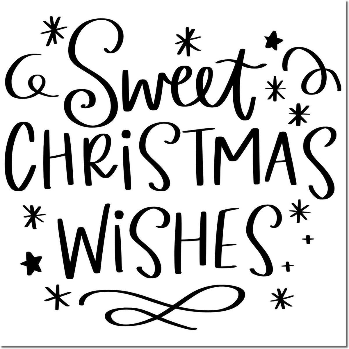 Sweet Christmas Wishes rubber stamp design with whimsical lettering, stars, and flourishes for festive holiday cards and crafts.