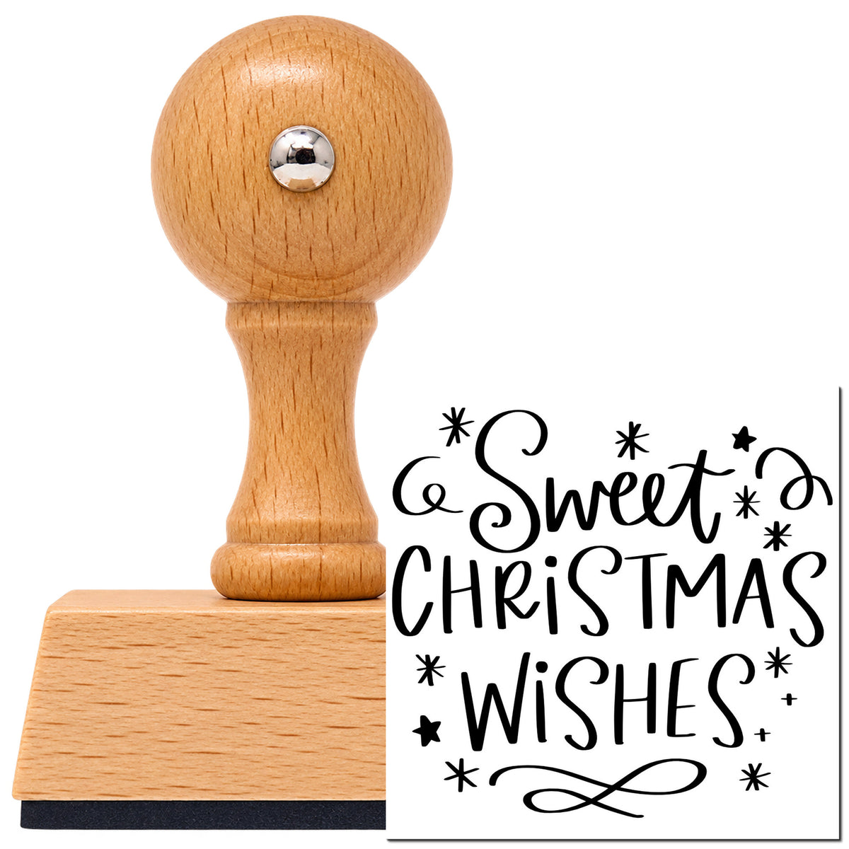 Sweet Christmas Wishes Vintage Pro rubber stamp in European beech wood with a round knob handle, shown beside its black imprint.