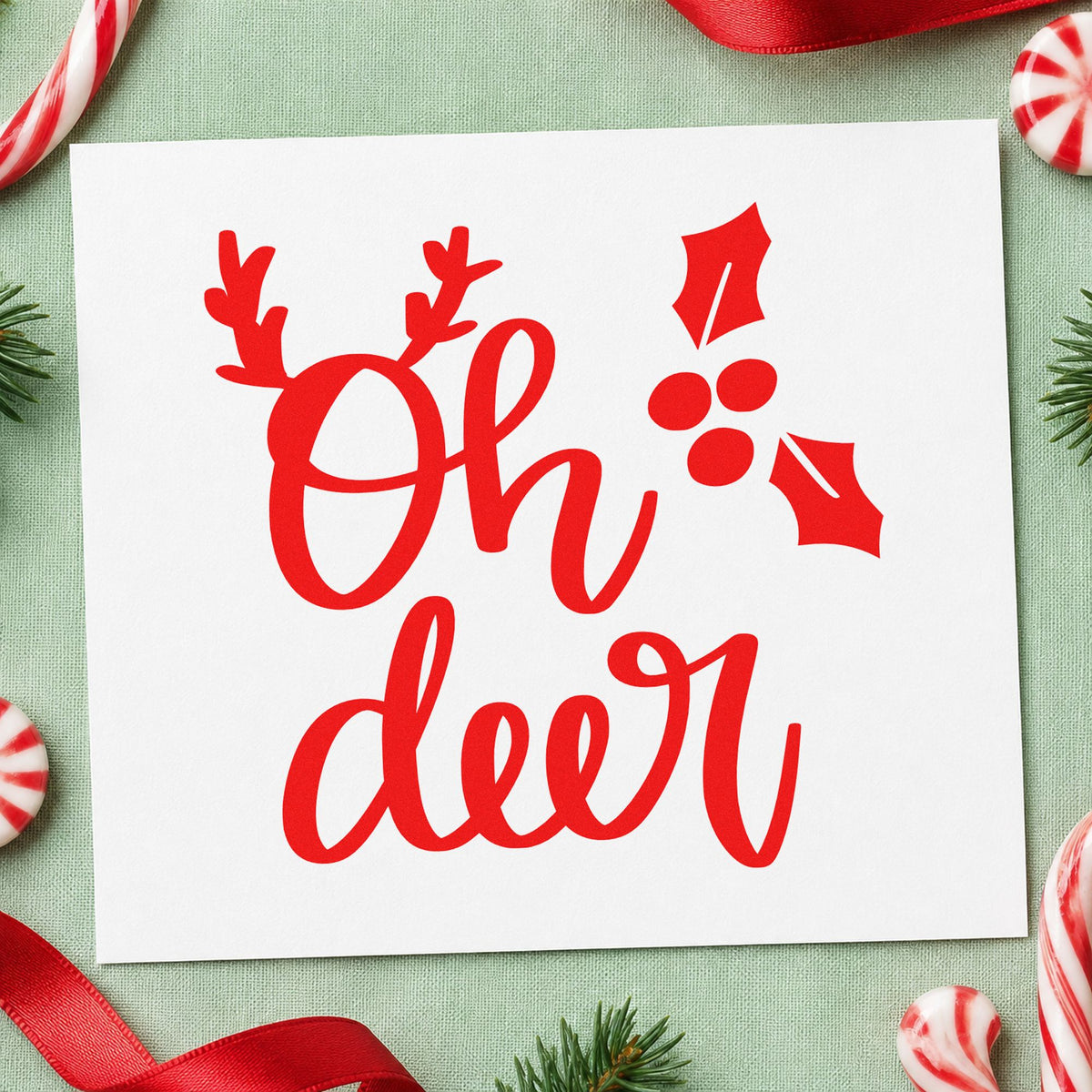 Oh Deer Antlers Holly craft stamp in red ink on cardstock, an easy option for camp flag printing.
