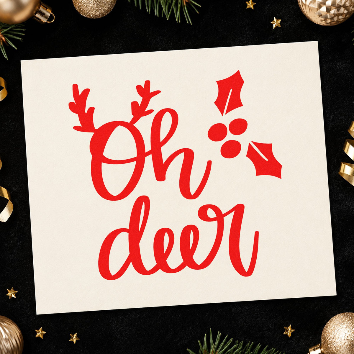 Oh Deer Antlers Holly rubber stamp shown in red ink, stamped for projects such as freezer pack labels.