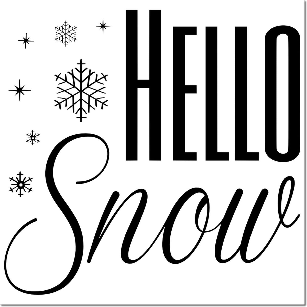 Hello Snow rubber stamp design with snowflakes, ideal for winter holiday cards, scrapbooking, and craft projects.