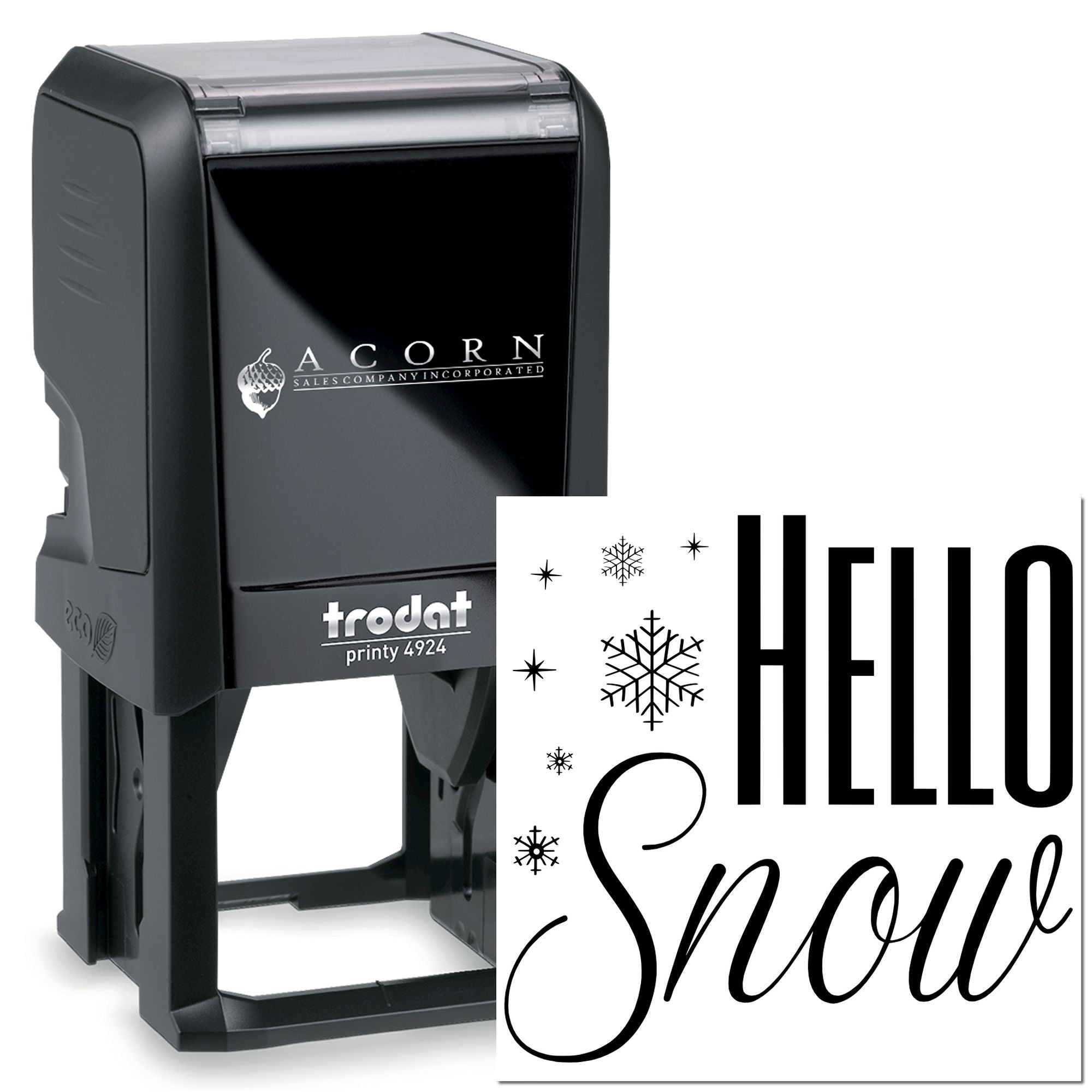 Custom self-inking rubber stamp with Hello Snow winter design, ideal for seasonal greeting cards and craft stamping.