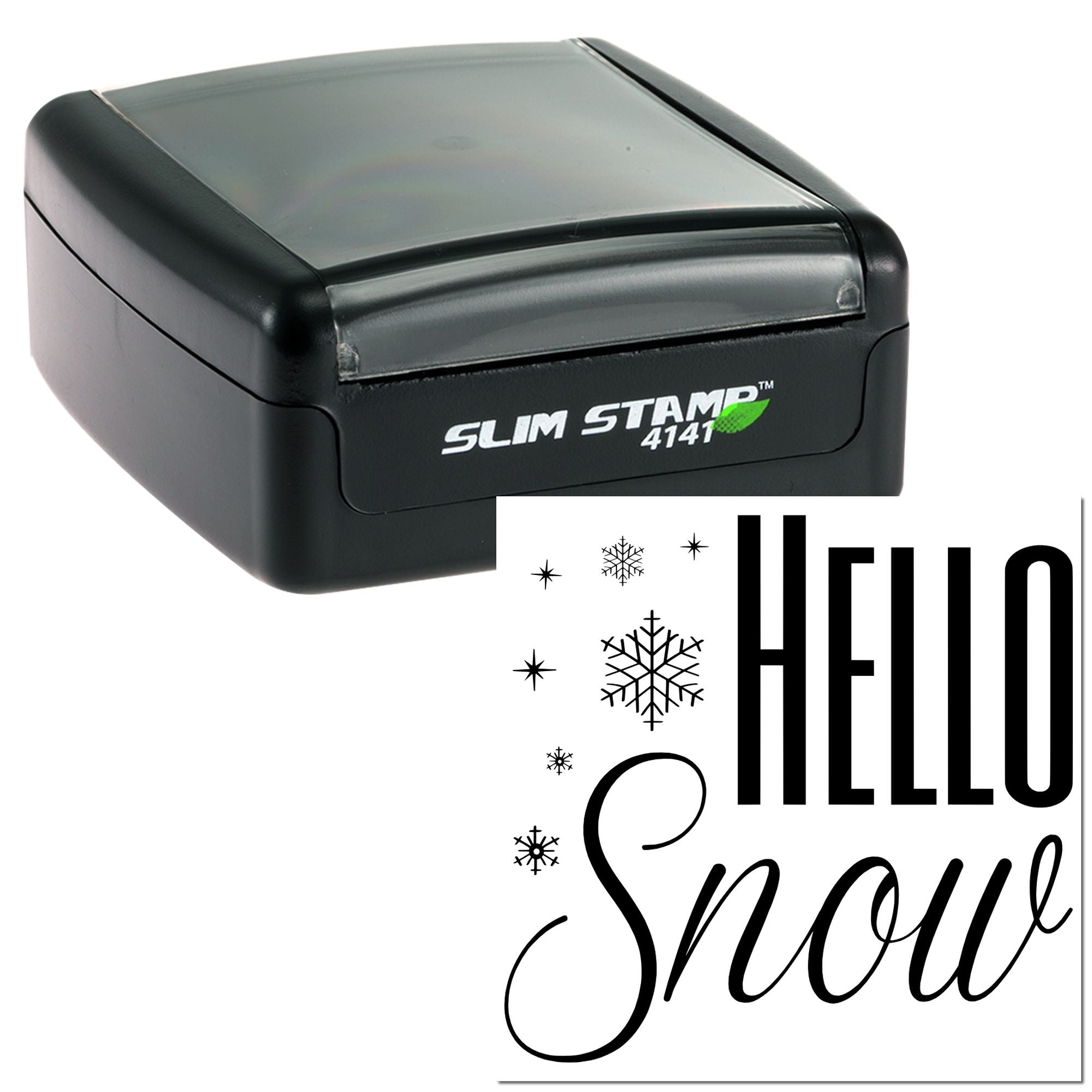 Slim Stamp 4141 custom Hello Snow rubber stamp with snowflakes for winter greeting cards, crafts, and packaging.