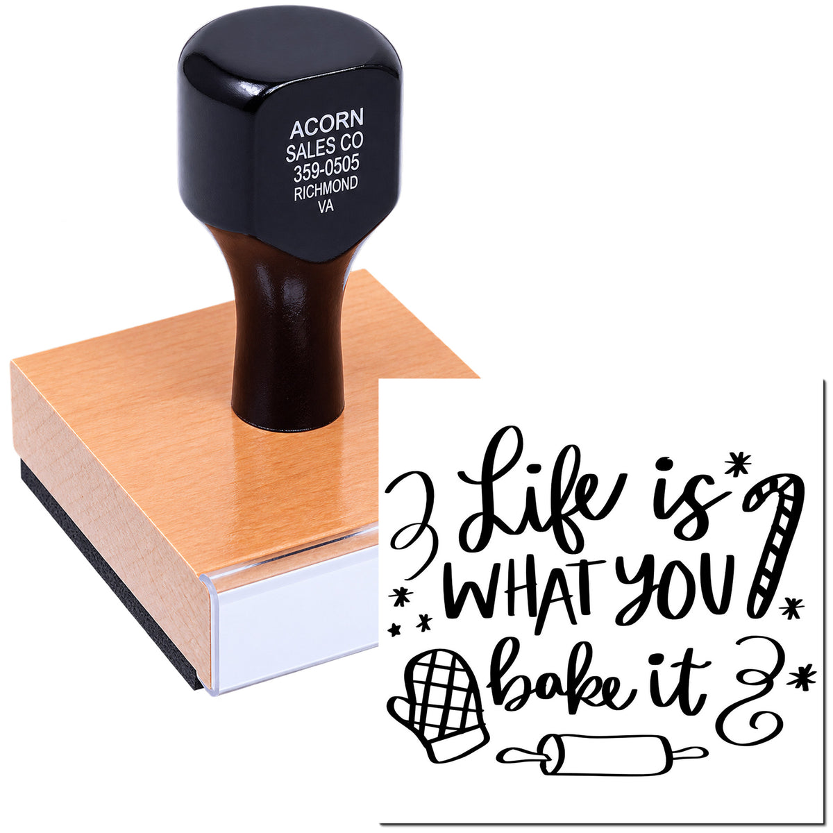 Custom rubber stamp with baking quote design for handmade bakery packaging, cards, and craft projects.