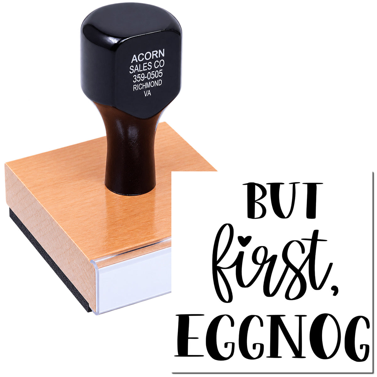 But First, Eggnog rubber stamp on wood block for holiday card making, festive crafts, and seasonal DIY projects.