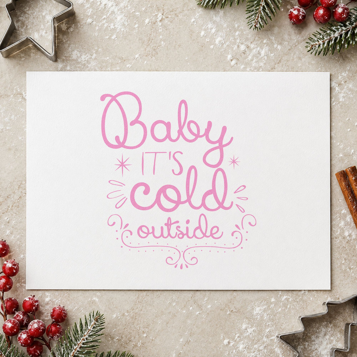 Baby It's Cold Outside Curls craft stamp in purple ink on cardstock, an easy option for duet night album page.