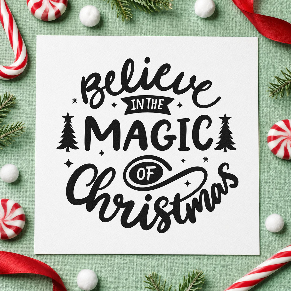 Believe Magic Of Christmas rubber stamp printed in black ink, ready for magic forest cards and similar paper crafts.