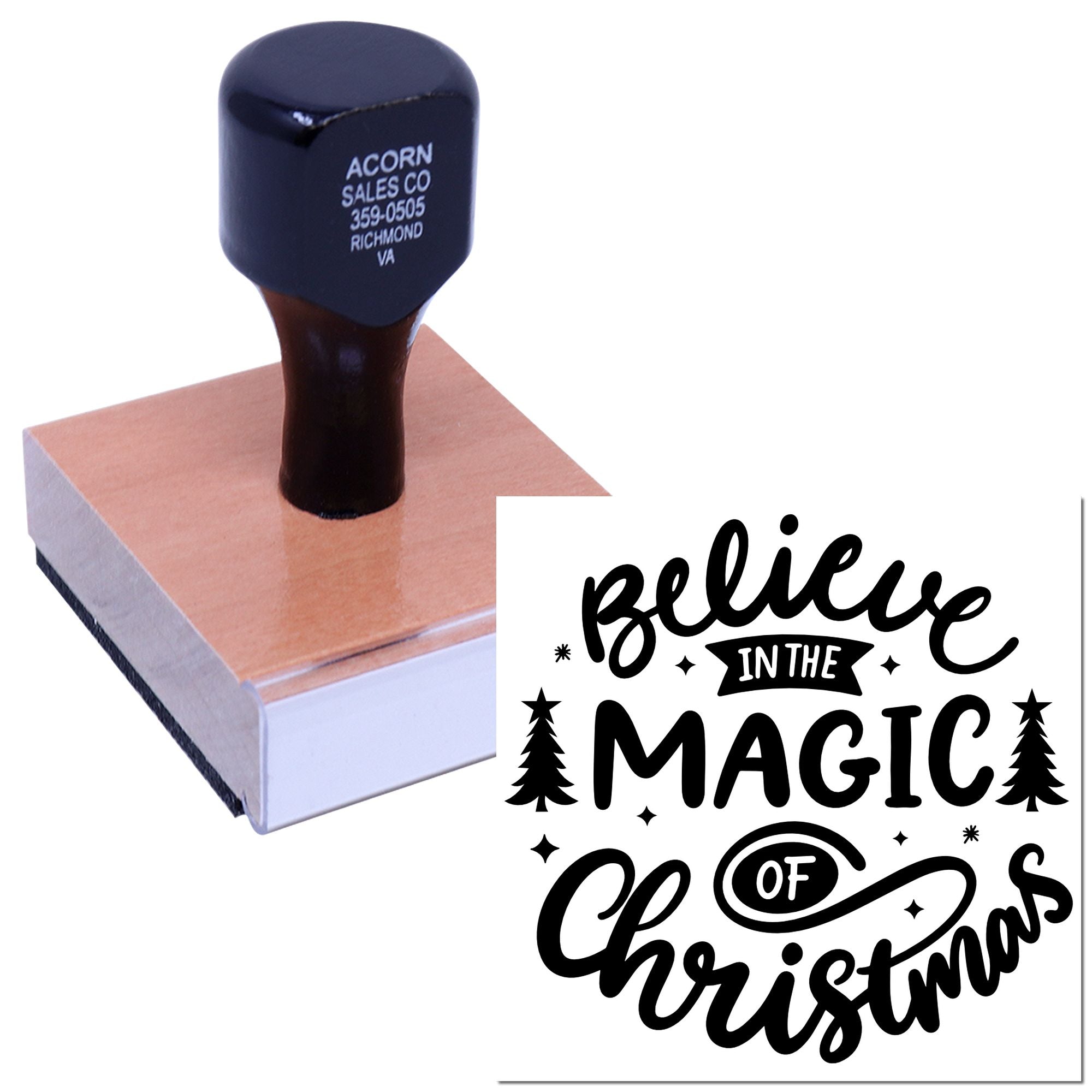 Custom rubber stamp with Believe in the Magic of Christmas design on wood block for holiday crafting and card making.