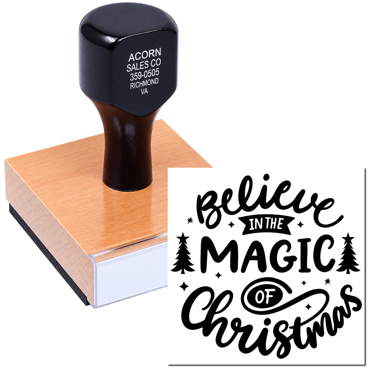 Custom rubber stamp with Believe in the Magic of Christmas design on wood block for holiday crafting and card making.