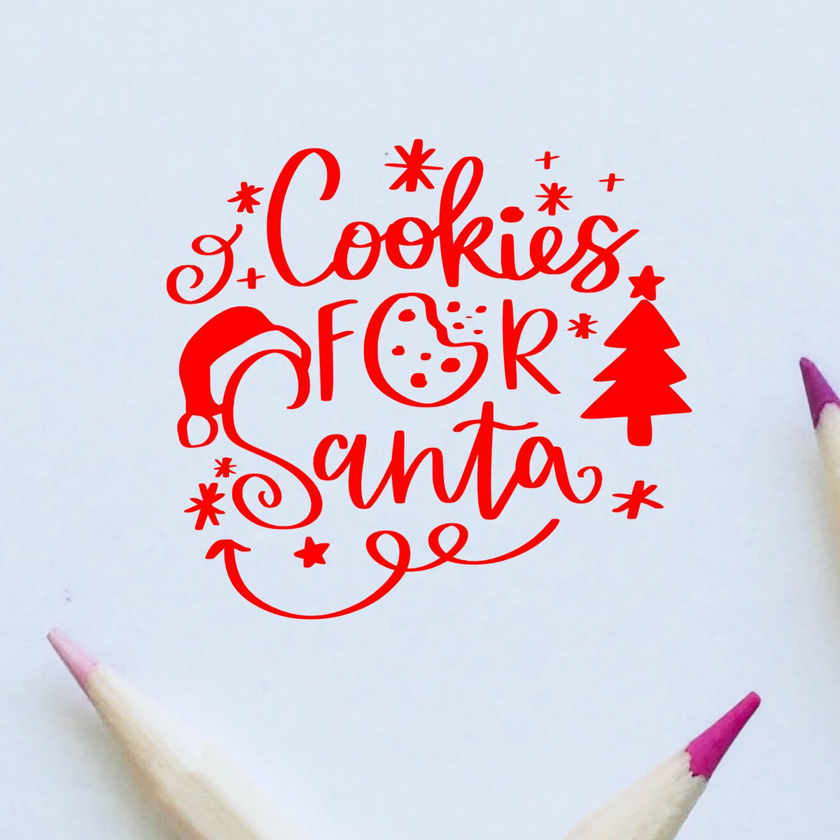 Cookies for Santa rubber stamp design with festive Christmas lettering, tree, and cookie icon for holiday baking crafts