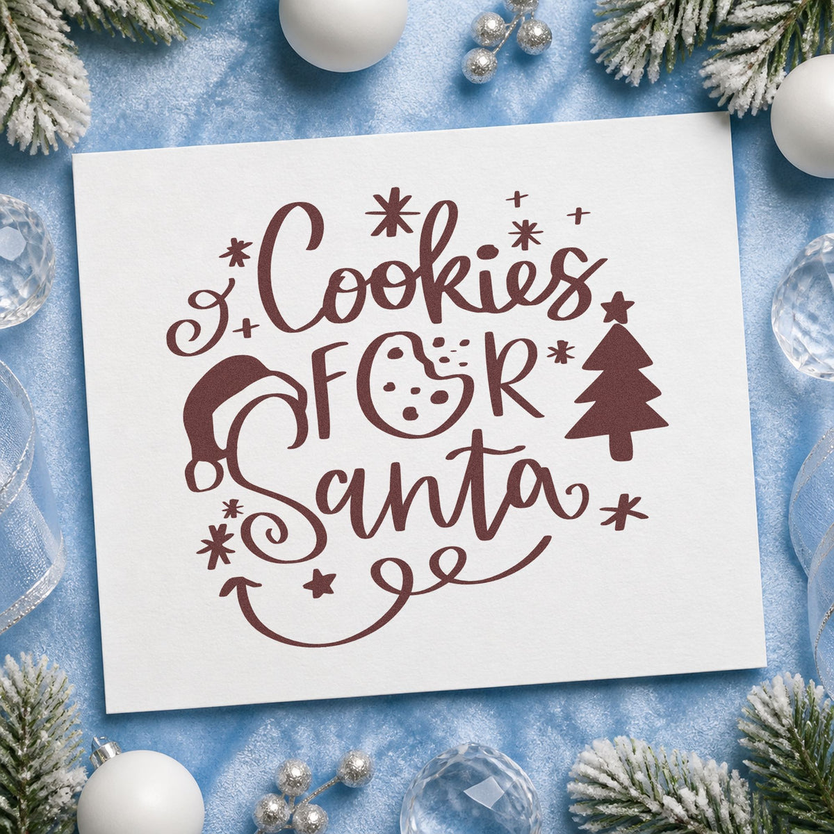 Cookies For Santa rubber stamp printed in brown ink, ready for tradition checklist and similar paper crafts.